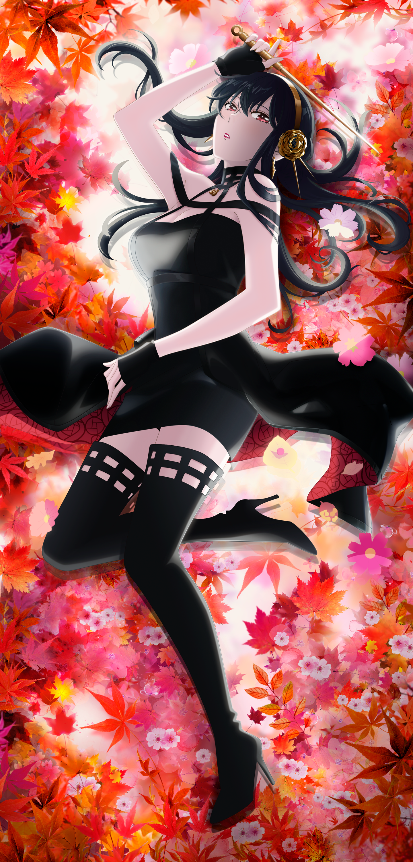 Yor Forger with a sword in autumn leaves HD Phone Wallpaper