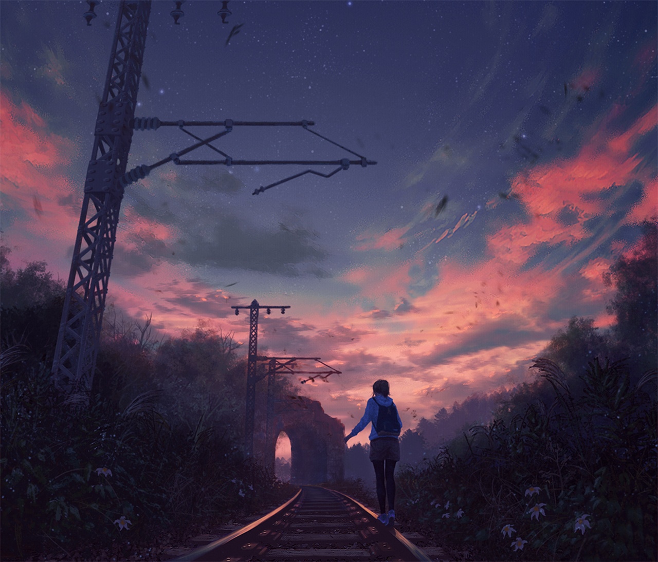 Girl walking on railway tracks at dusk HD Wallpaper