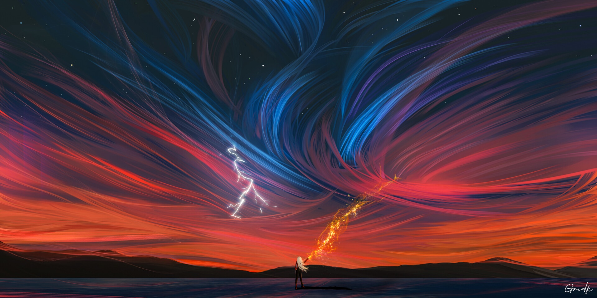 Artwork of a person casting lightning and fire HD Wallpaper