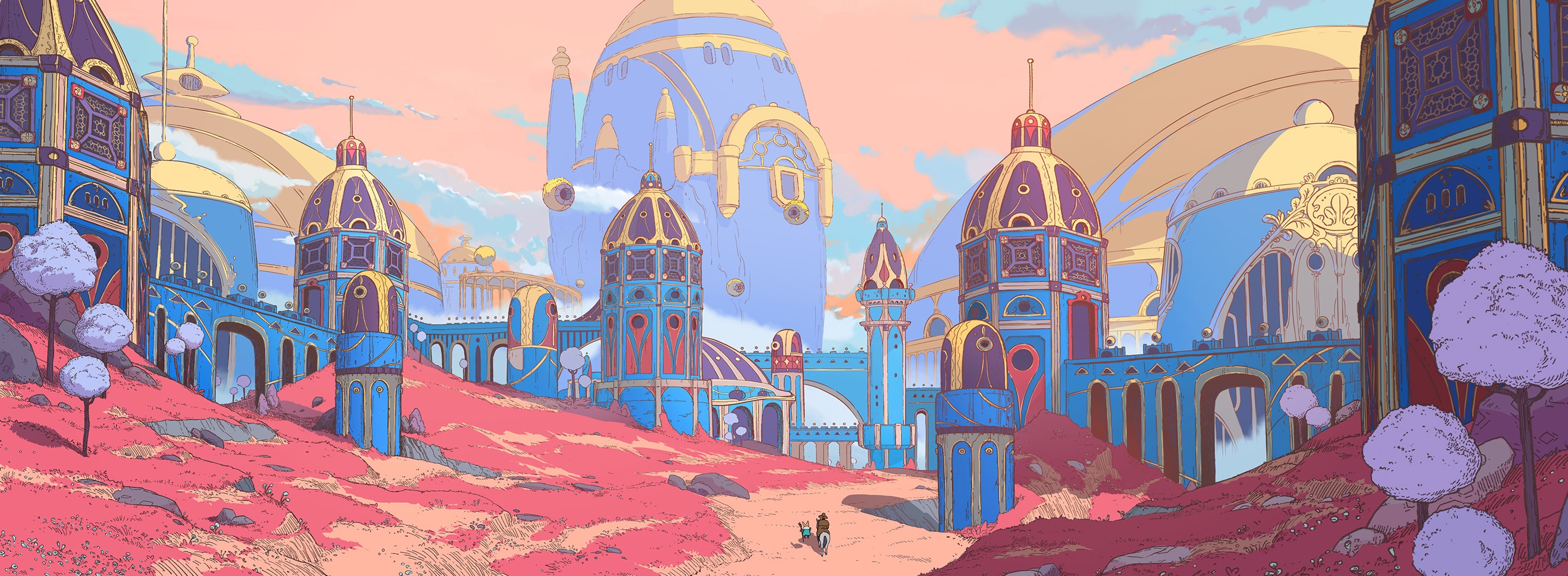 Fantasy city with blue and gold buildings HD Wallpaper