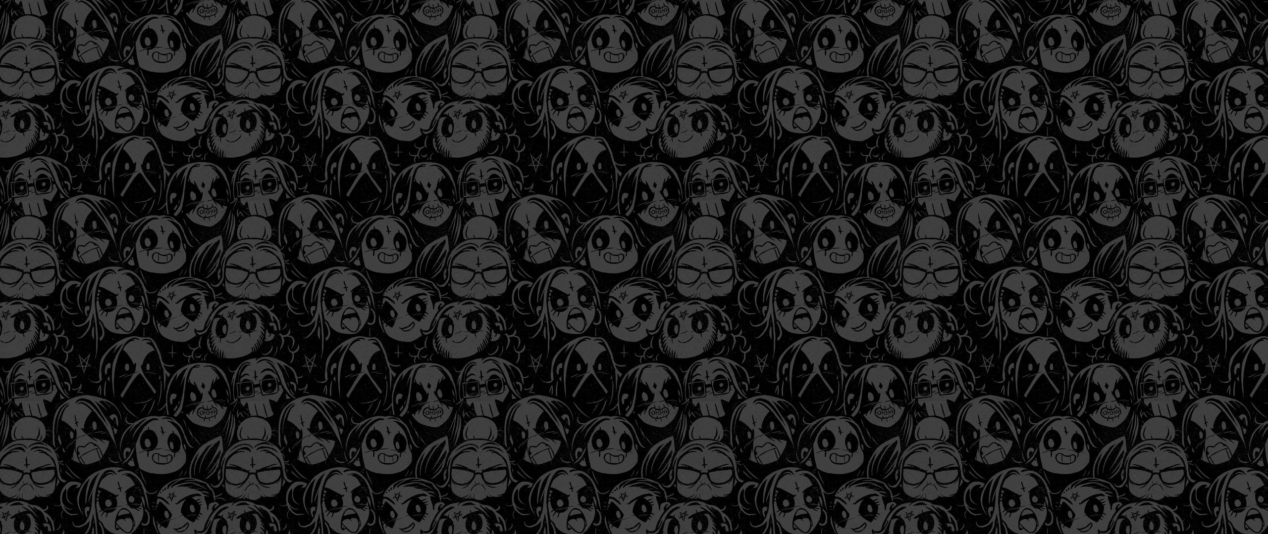Monochrome pattern of black metal inspired cartoon faces HD Wallpaper