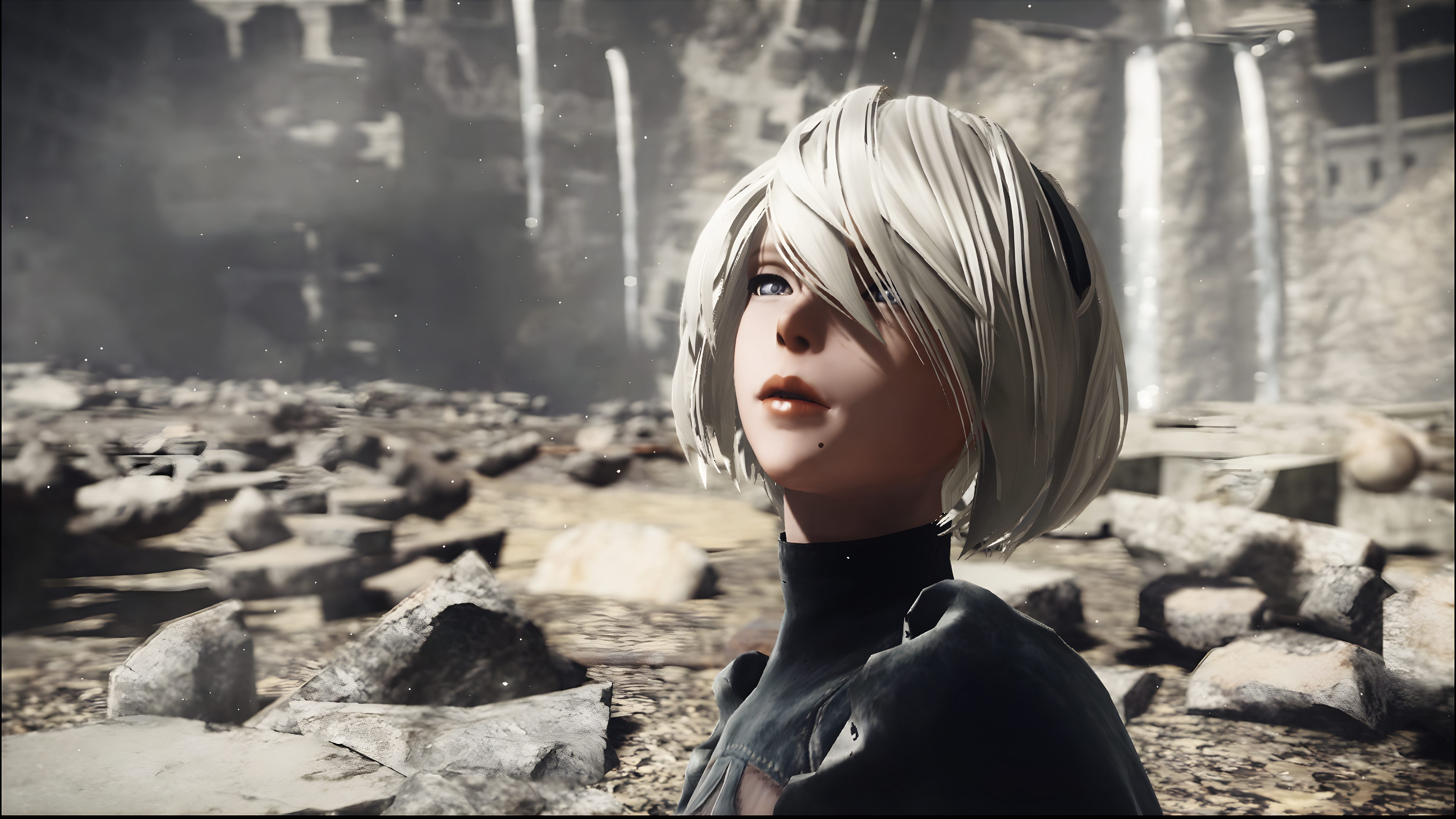 4K Nier: Automata 2B in a rocky landscape HD Wallpaper