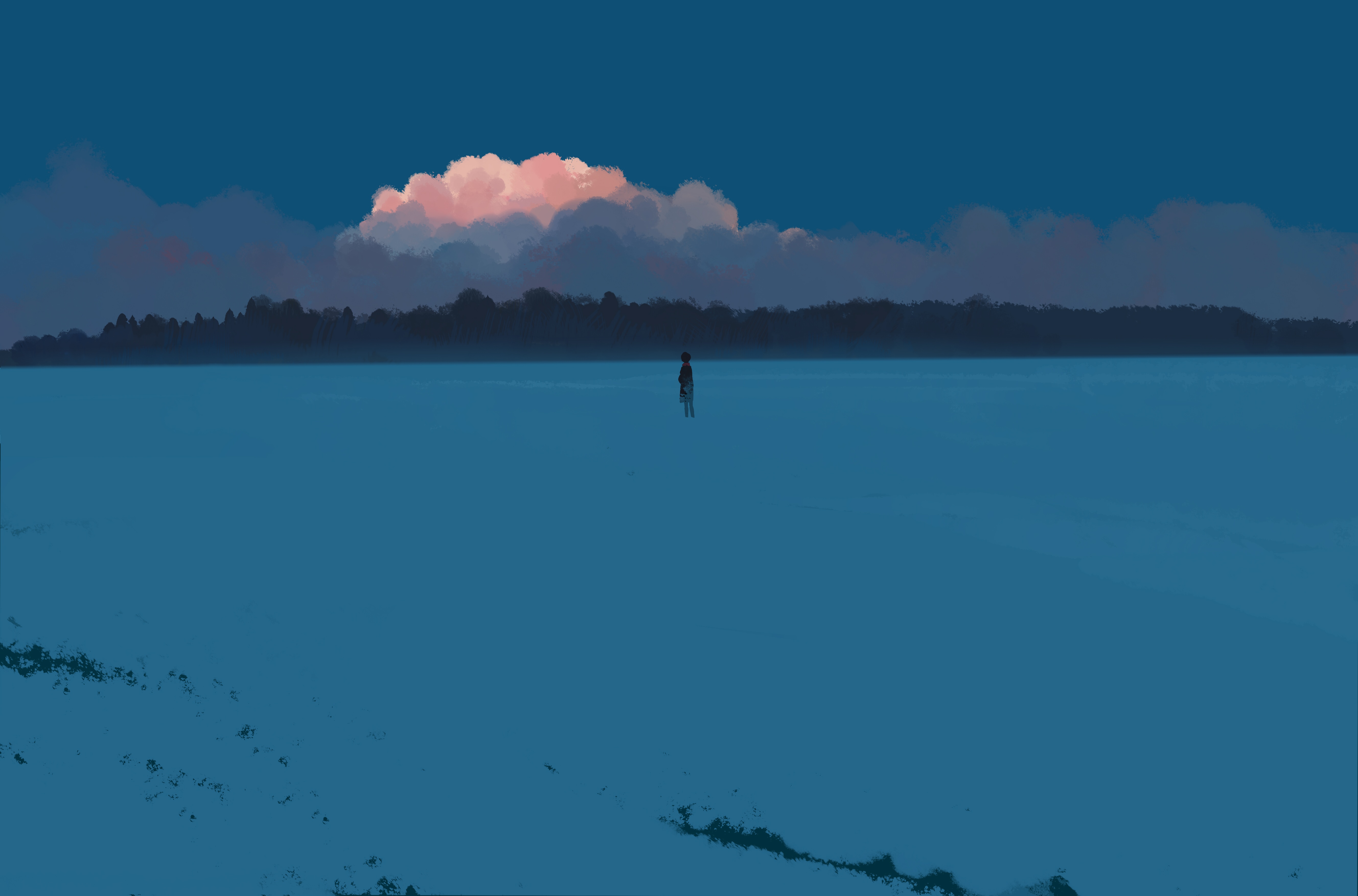 Anime sky with clouds over a snowy landscape HD Wallpaper