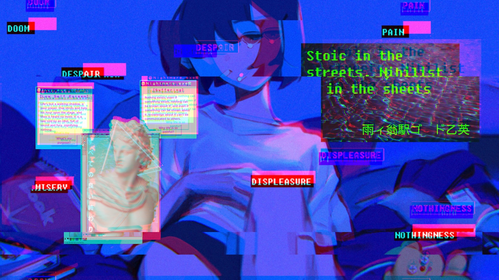 Anime girl with glitch effects and philosophical text HD Wallpaper