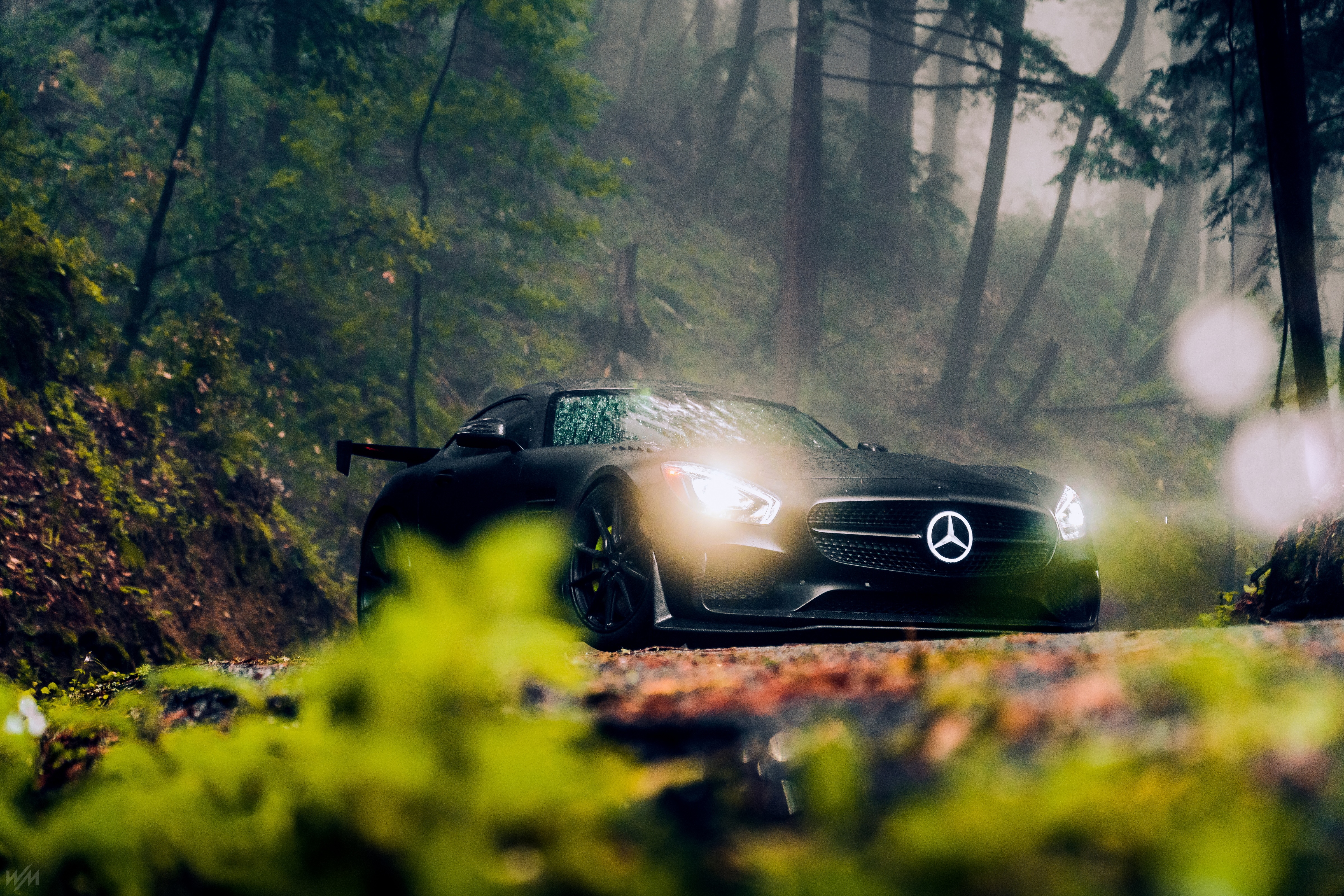 4K Mercedes-Benz car with headlights in forest HD Wallpaper