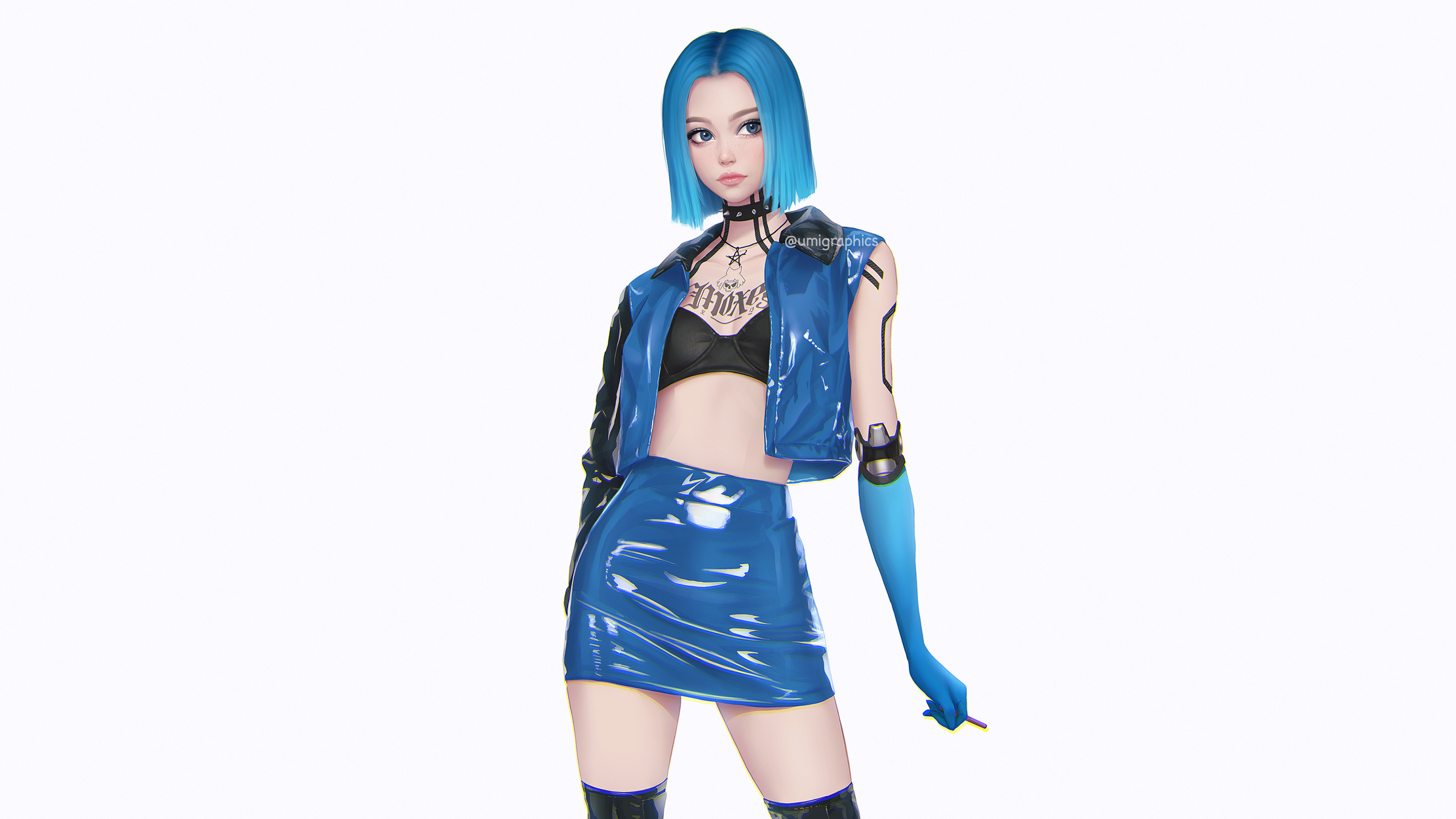 Cyberpunk girl with blue hair and jacket HD Wallpaper