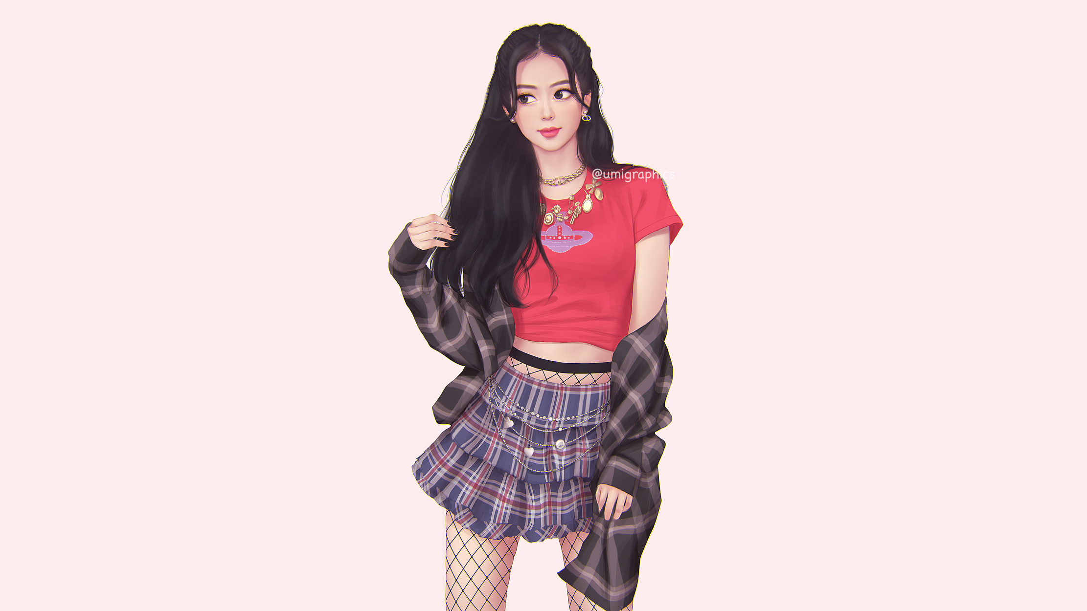 Jisoo (BLACKPINK) fan art in red t-shirt and plaid skirt HD Wallpaper