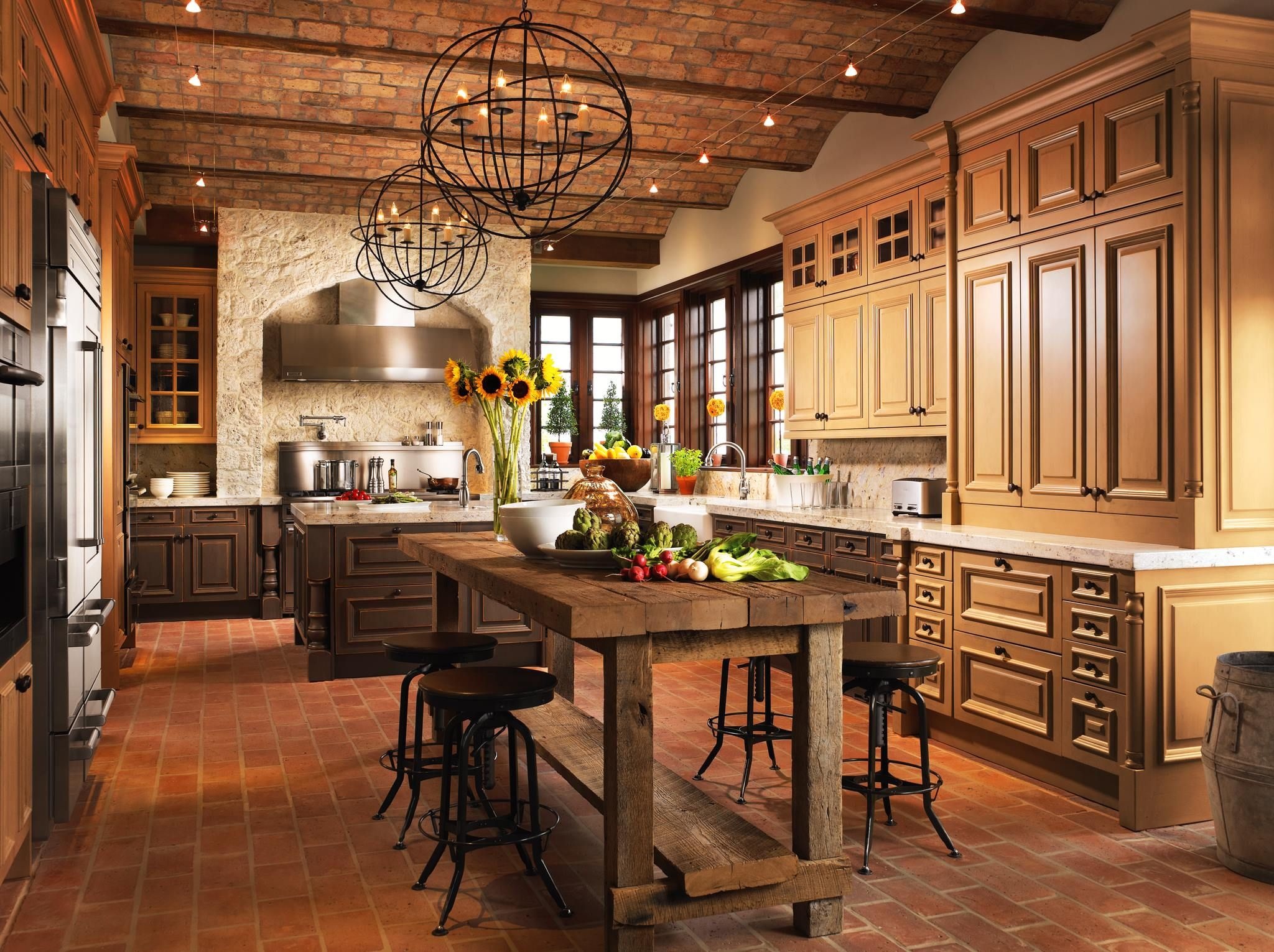 Rustic kitchen with brick ceiling and wooden island HD Wallpaper