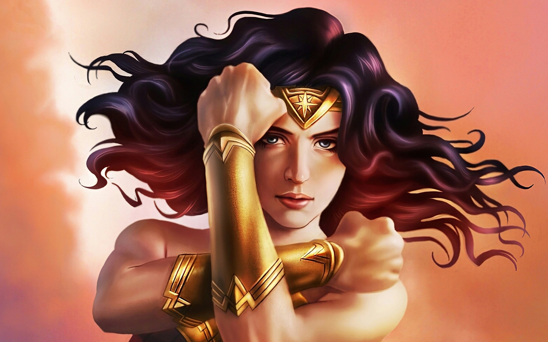 Wonder Woman with crossed arms and flowing hair HD Wallpaper