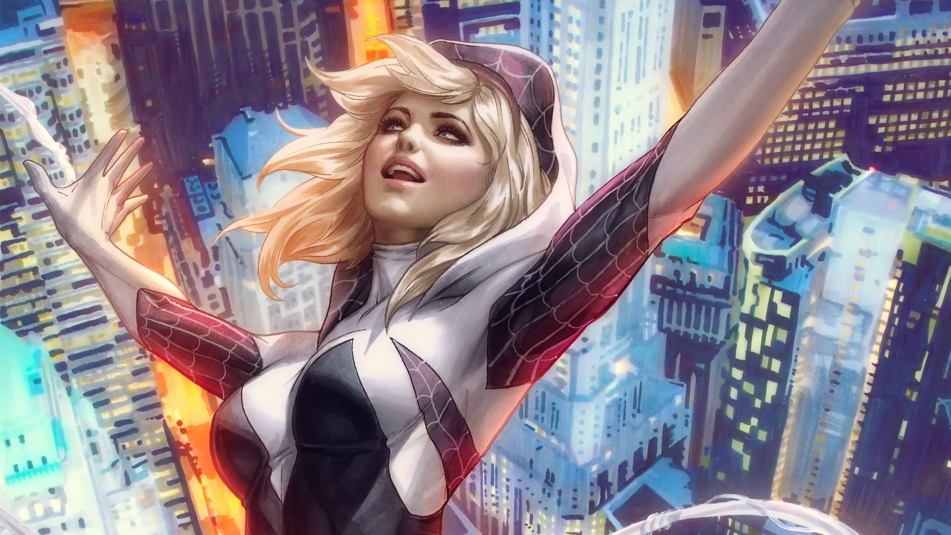 Ghost Spider (Gwen Stacy) swings through a city HD Wallpaper