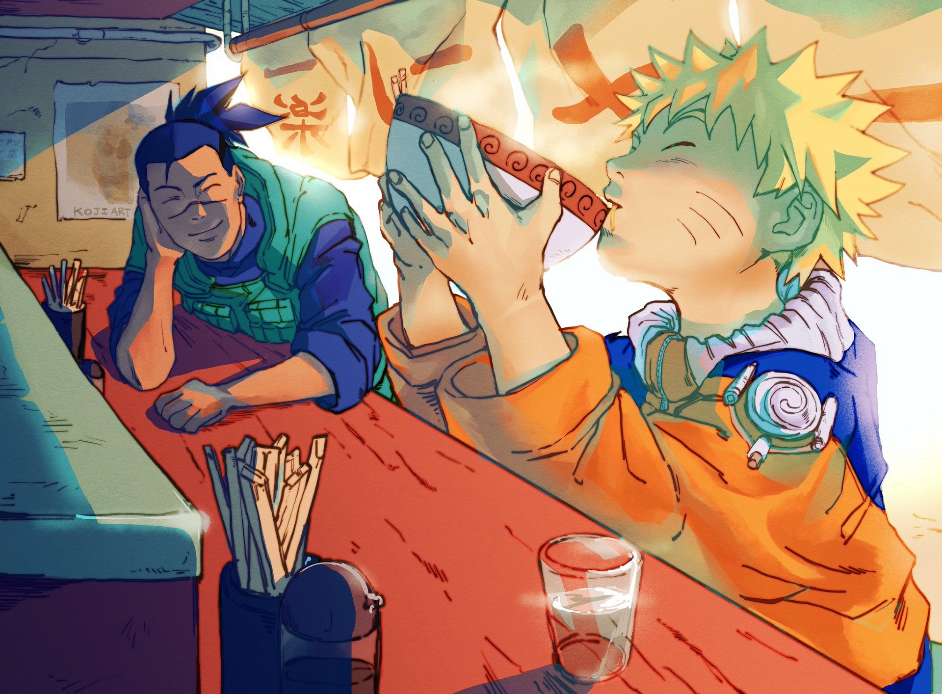 Naruto and Iruka eating ramen at Ichiraku HD Wallpaper