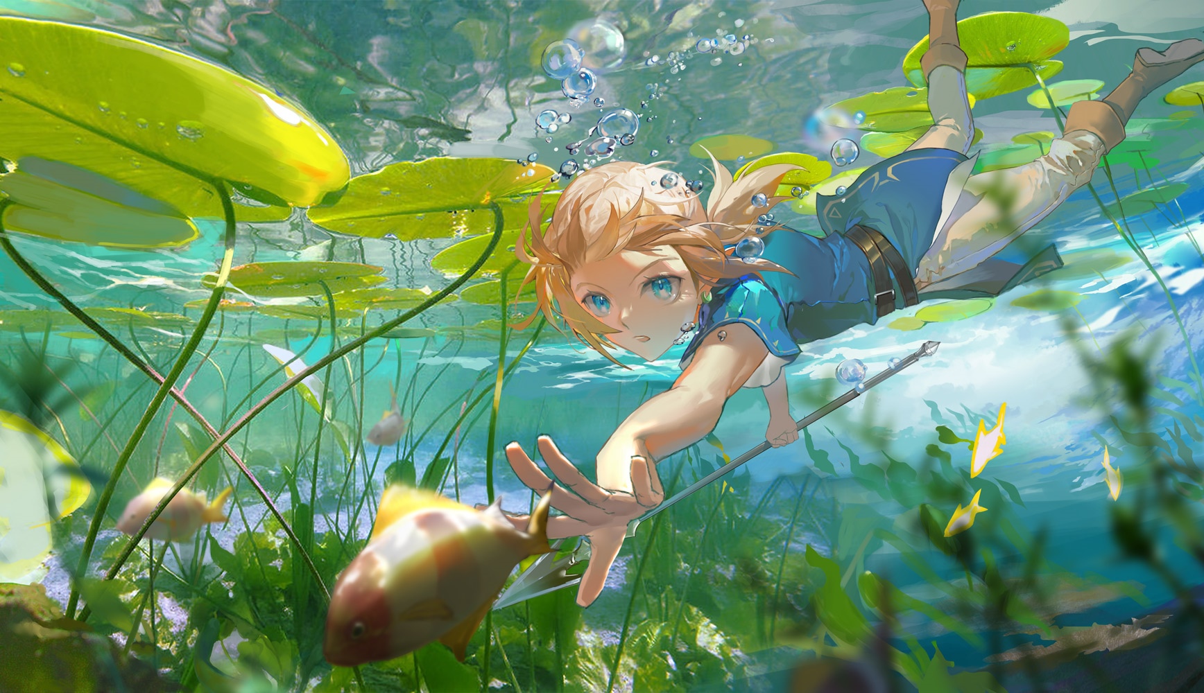 Link underwater fishing in The Legend of Zelda: Breath of the Wild HD Wallpaper