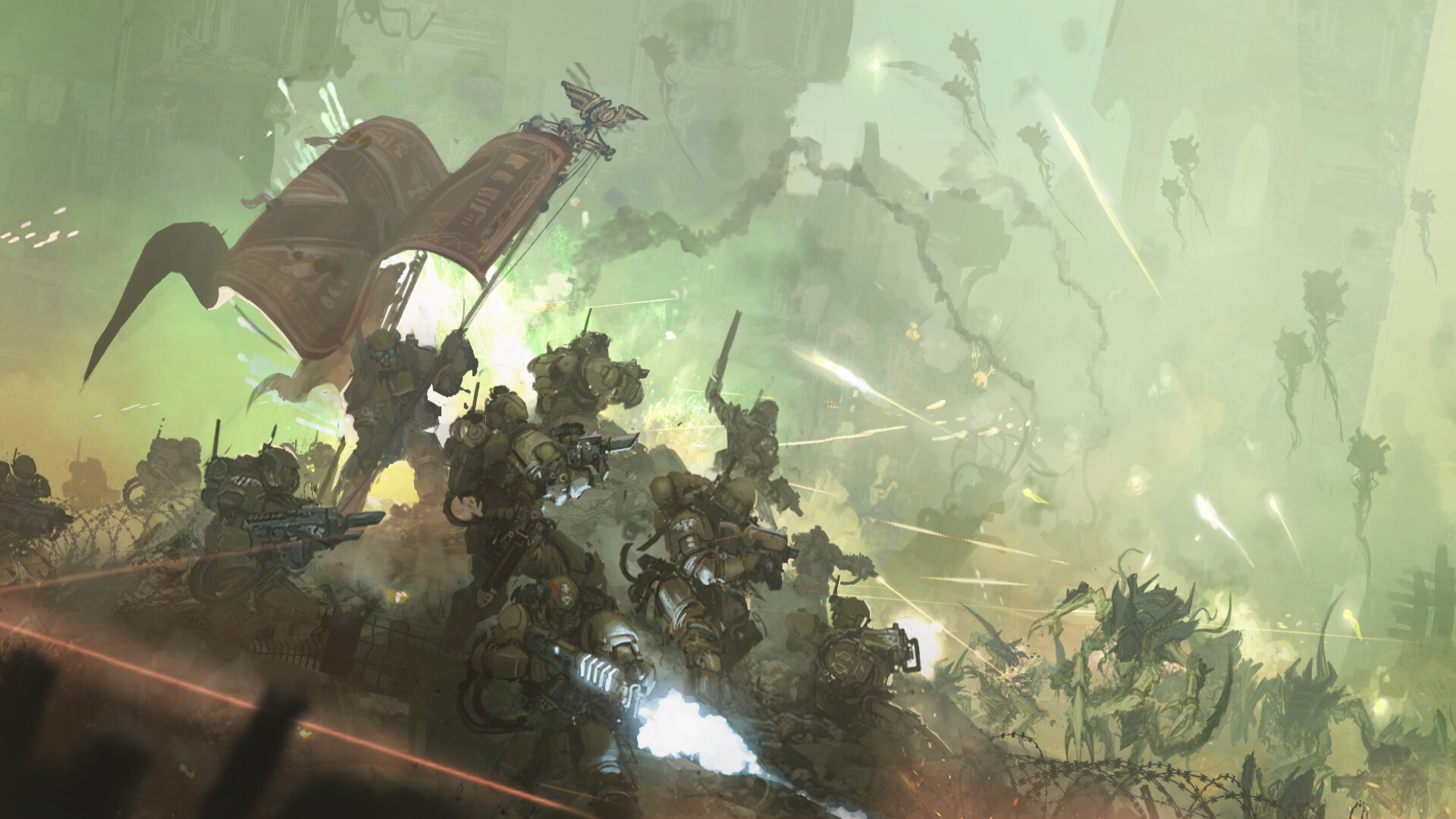 Warhammer 40,000 Imperium of Man soldiers in battle HD Wallpaper