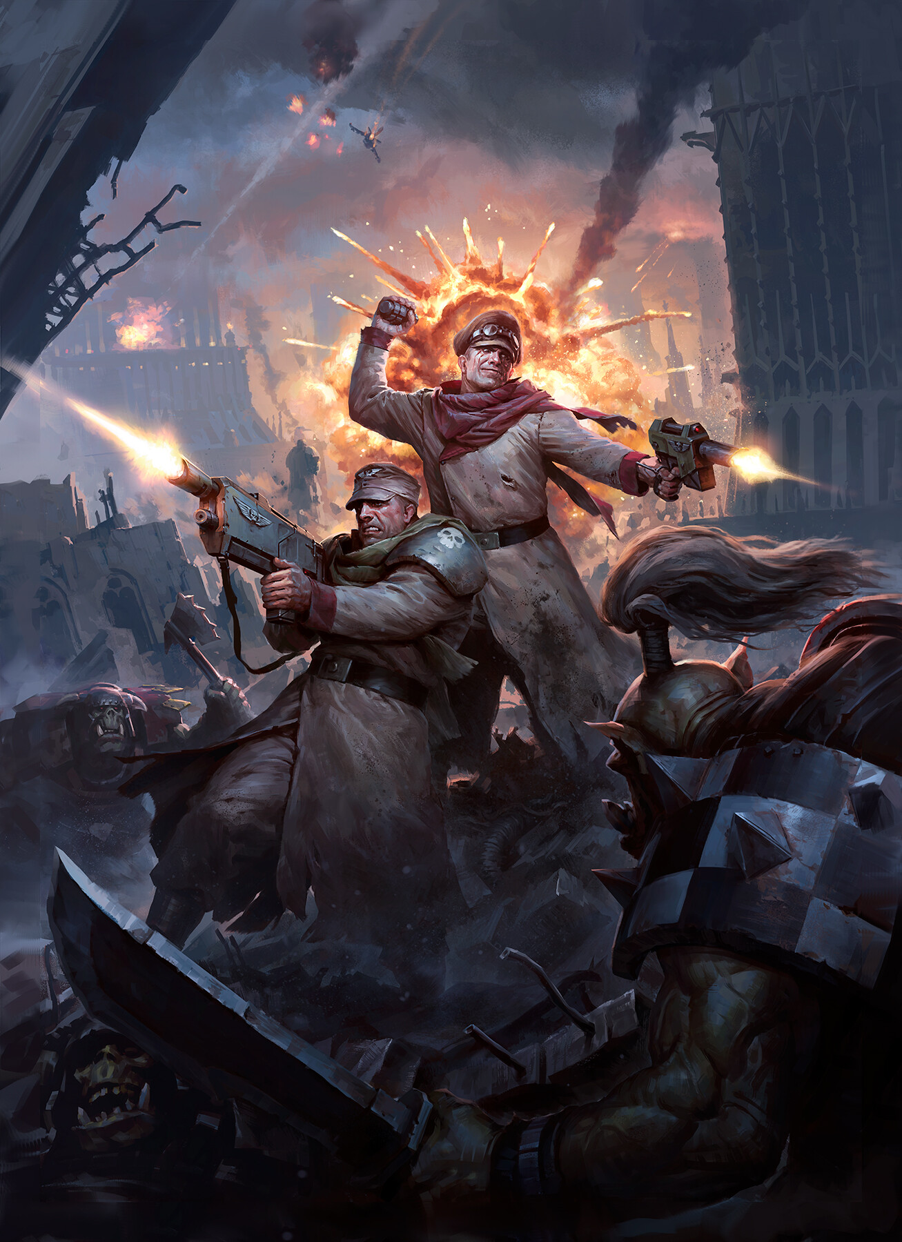 Warhammer 40,000: Imperial Guardsmen fighting Orcs HD Phone Wallpaper