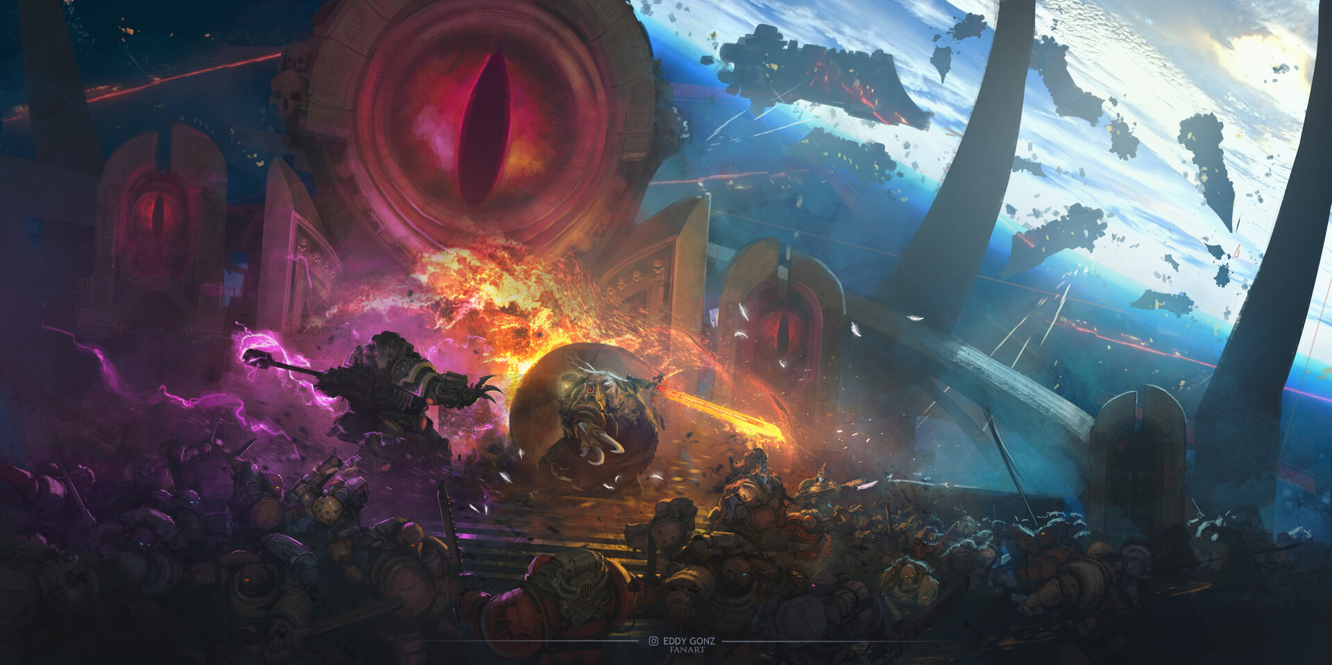 Warhammer 40,000 battle with giant eye structures HD Wallpaper