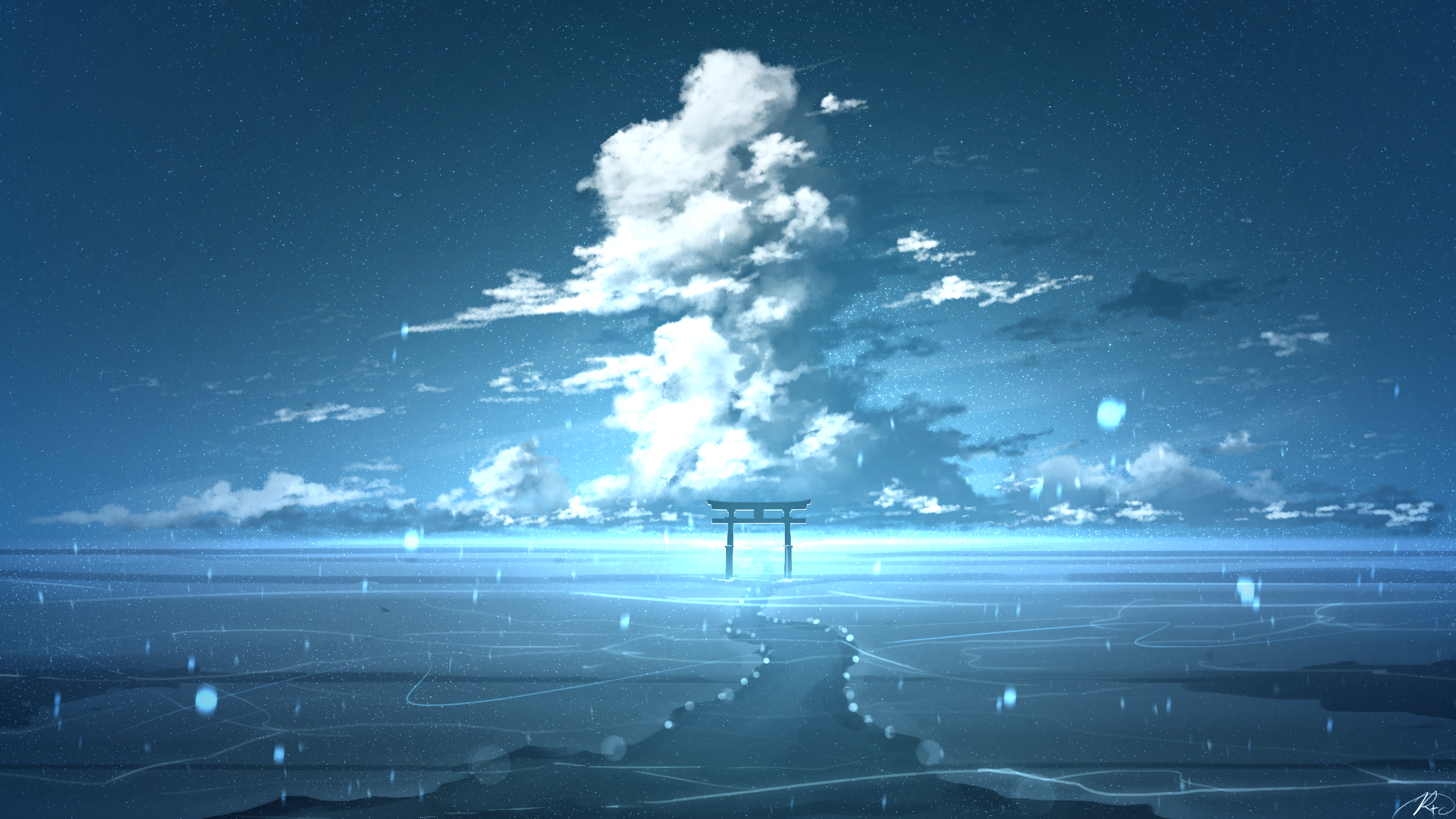 Torii gate in a vast expanse under a cloudy sky HD Wallpaper