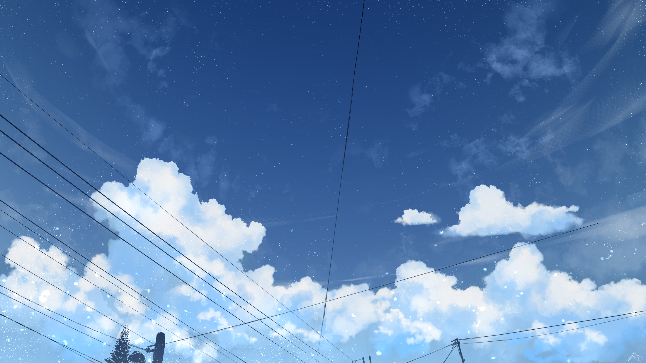 Blue sky with clouds and power lines HD Wallpaper
