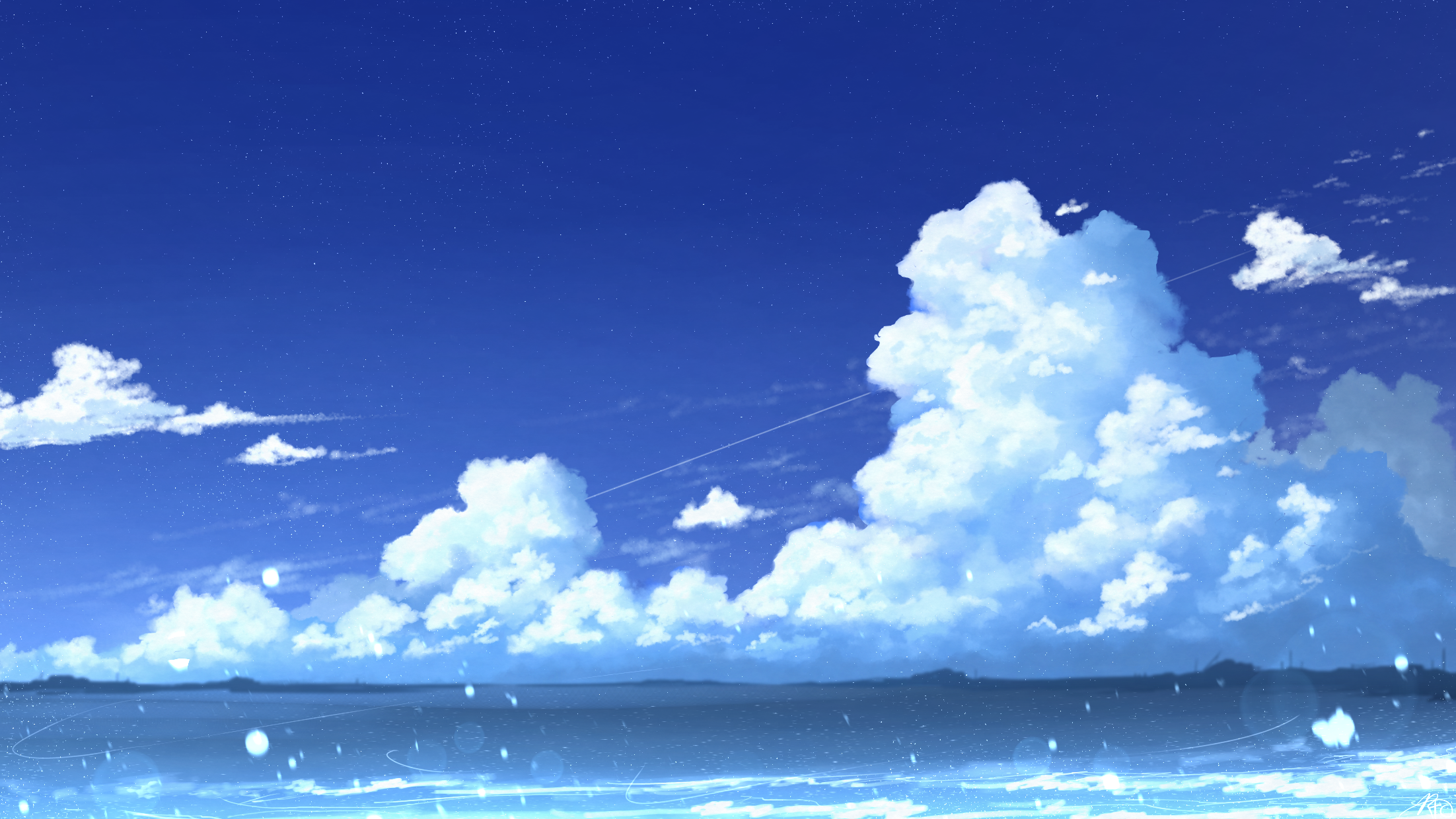 Blue sky with fluffy clouds over the sea HD Wallpaper