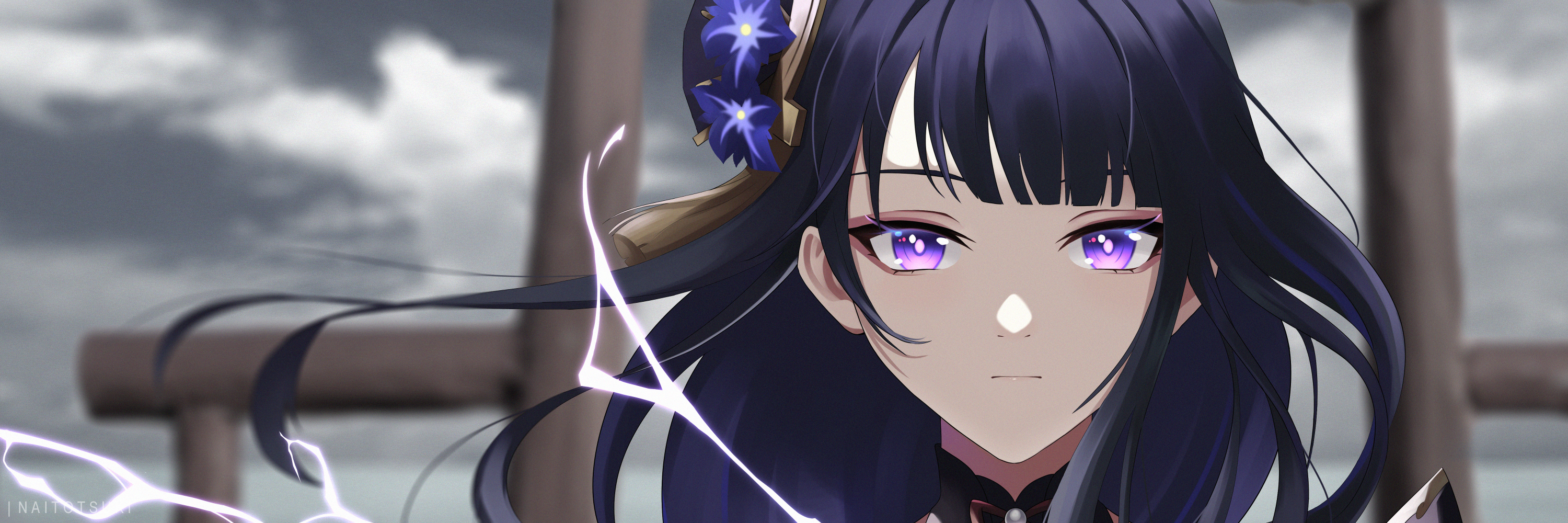 Raiden Shogun with purple hair and eyes HD Wallpaper