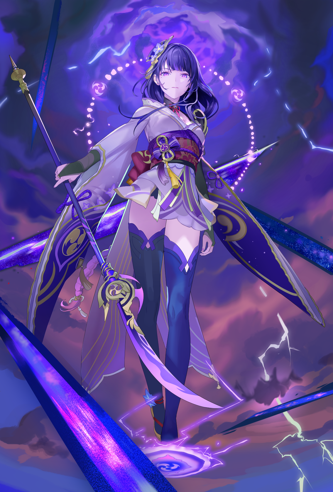 Raiden Shogun with a spear and purple lightning HD Phone Wallpaper