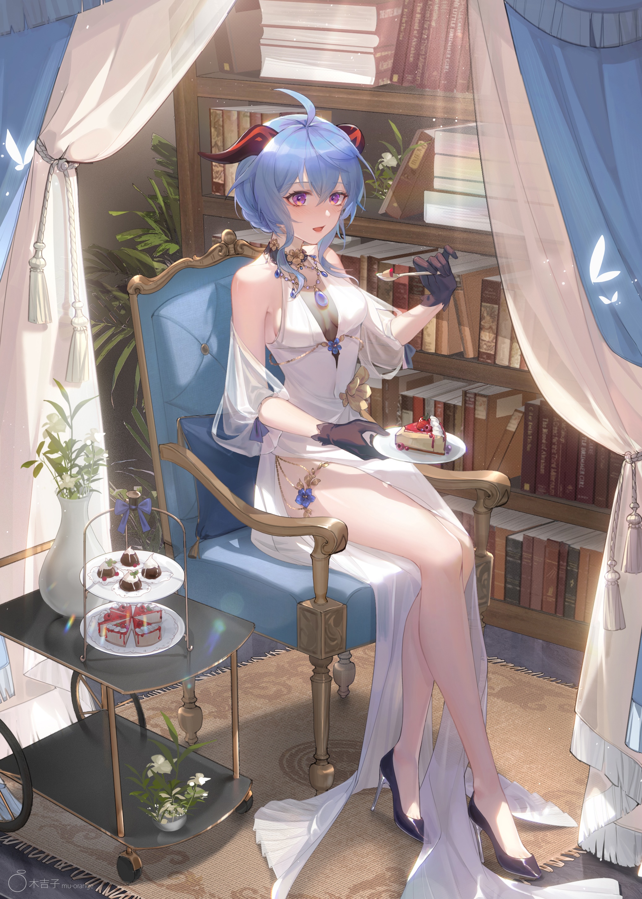 Genshin Impact Ganyu eating cake in a library HD Phone Wallpaper