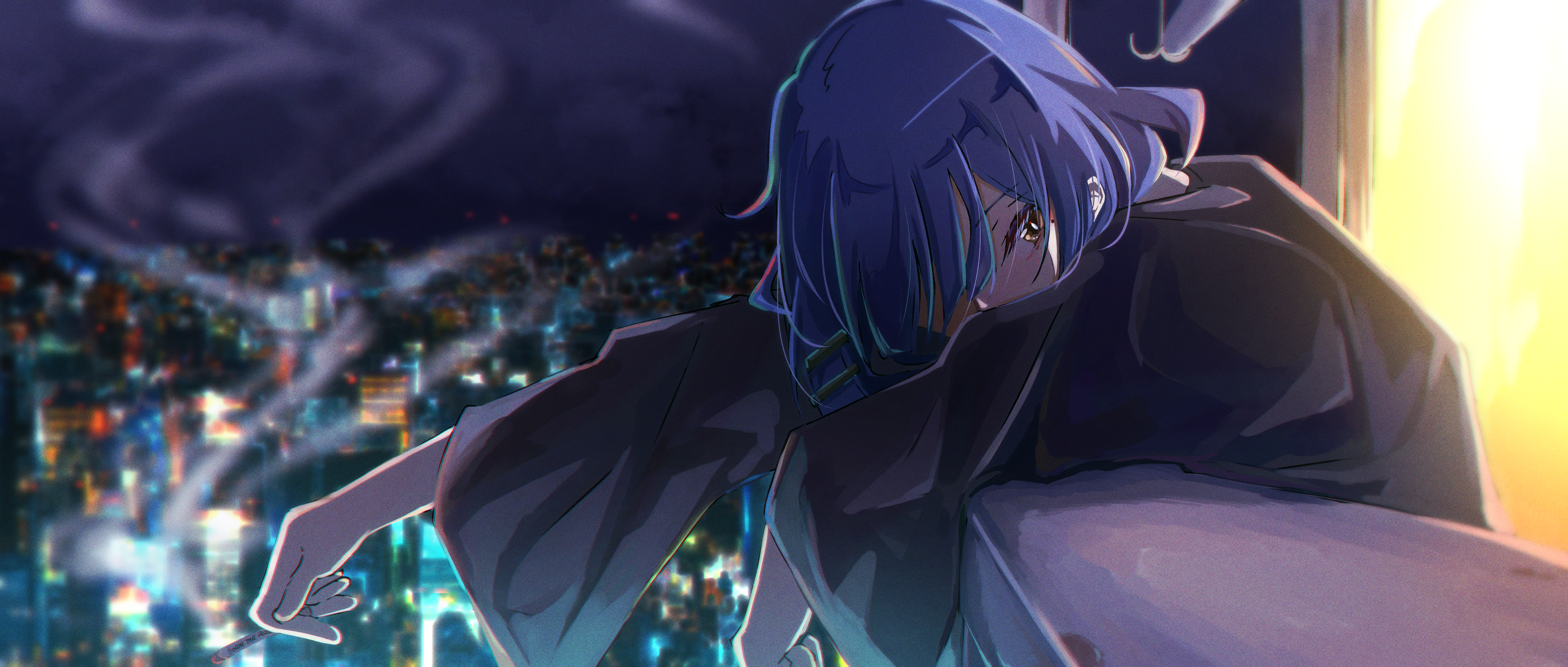 Ryo Yamada smoking on a balcony overlooking city lights HD Wallpaper