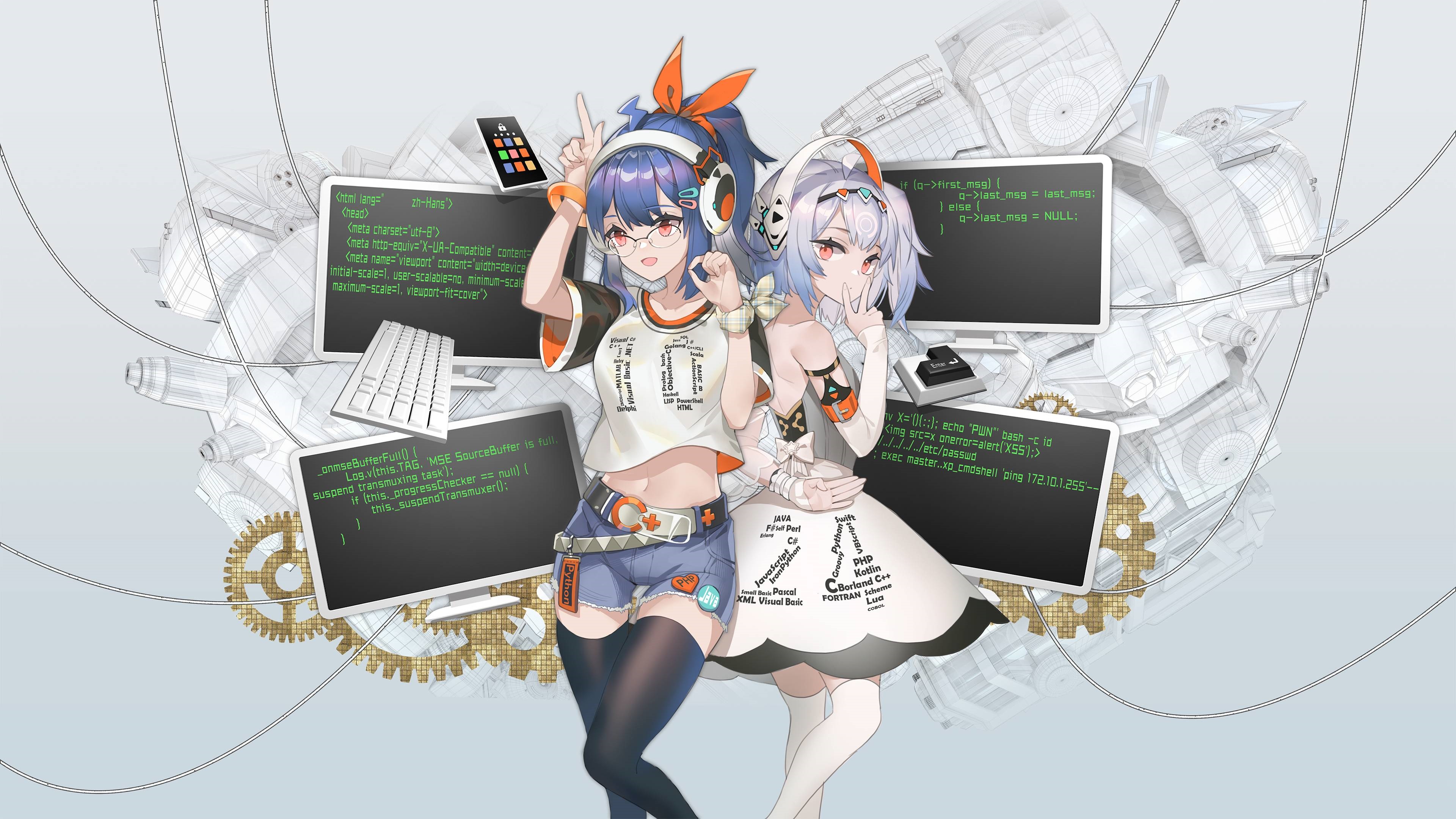 4K Programming Girls with Headphones and Glasses HD Wallpaper