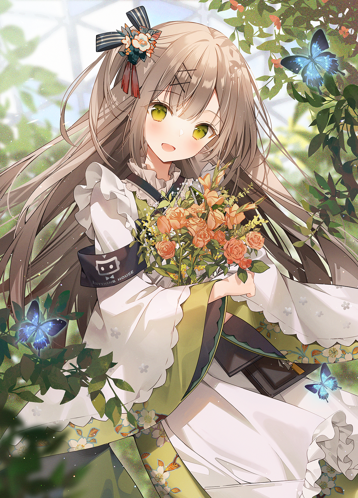 Anime girl with flowers and butterflies HD Phone Wallpaper
