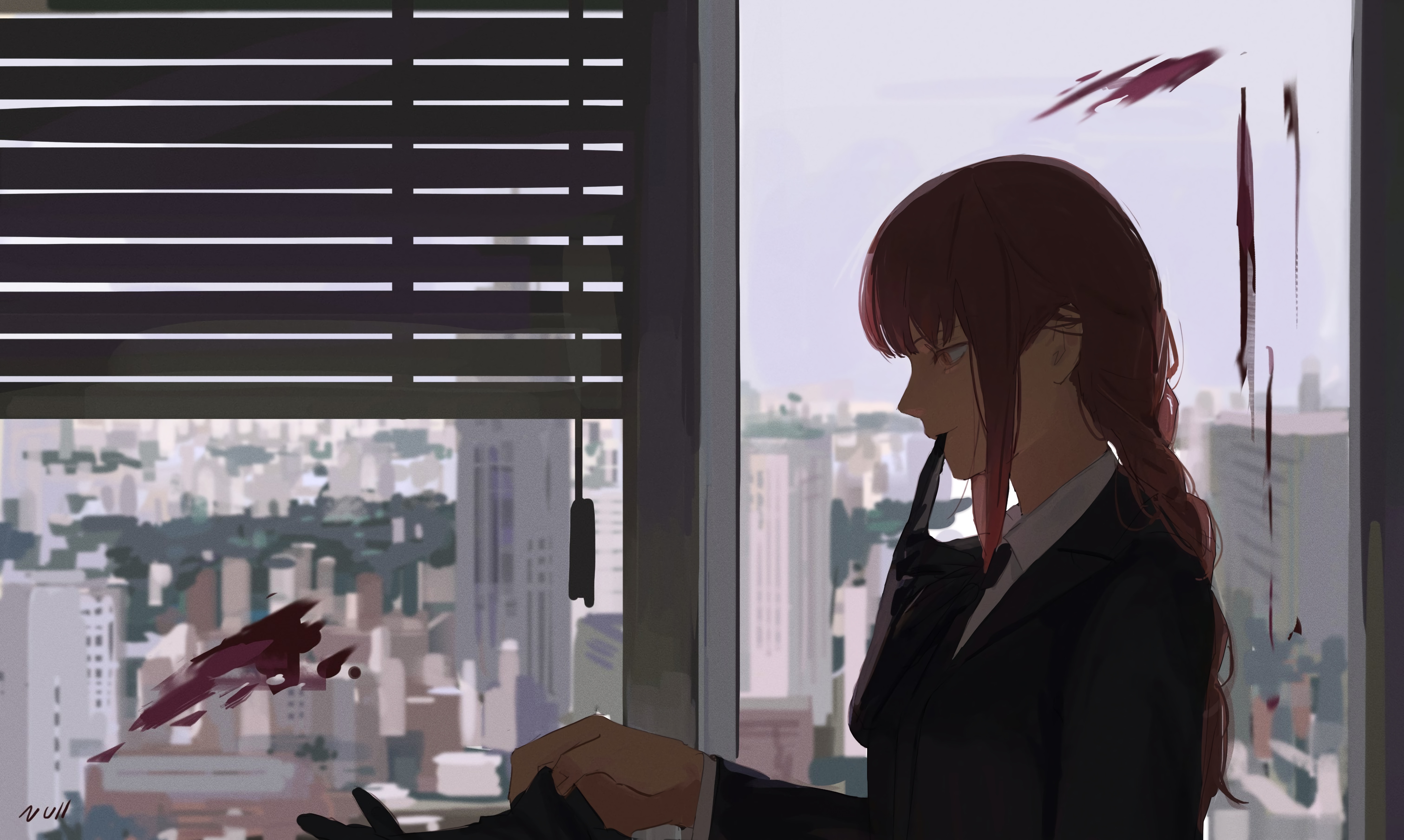 Makima in a suit with blood splatters HD Wallpaper