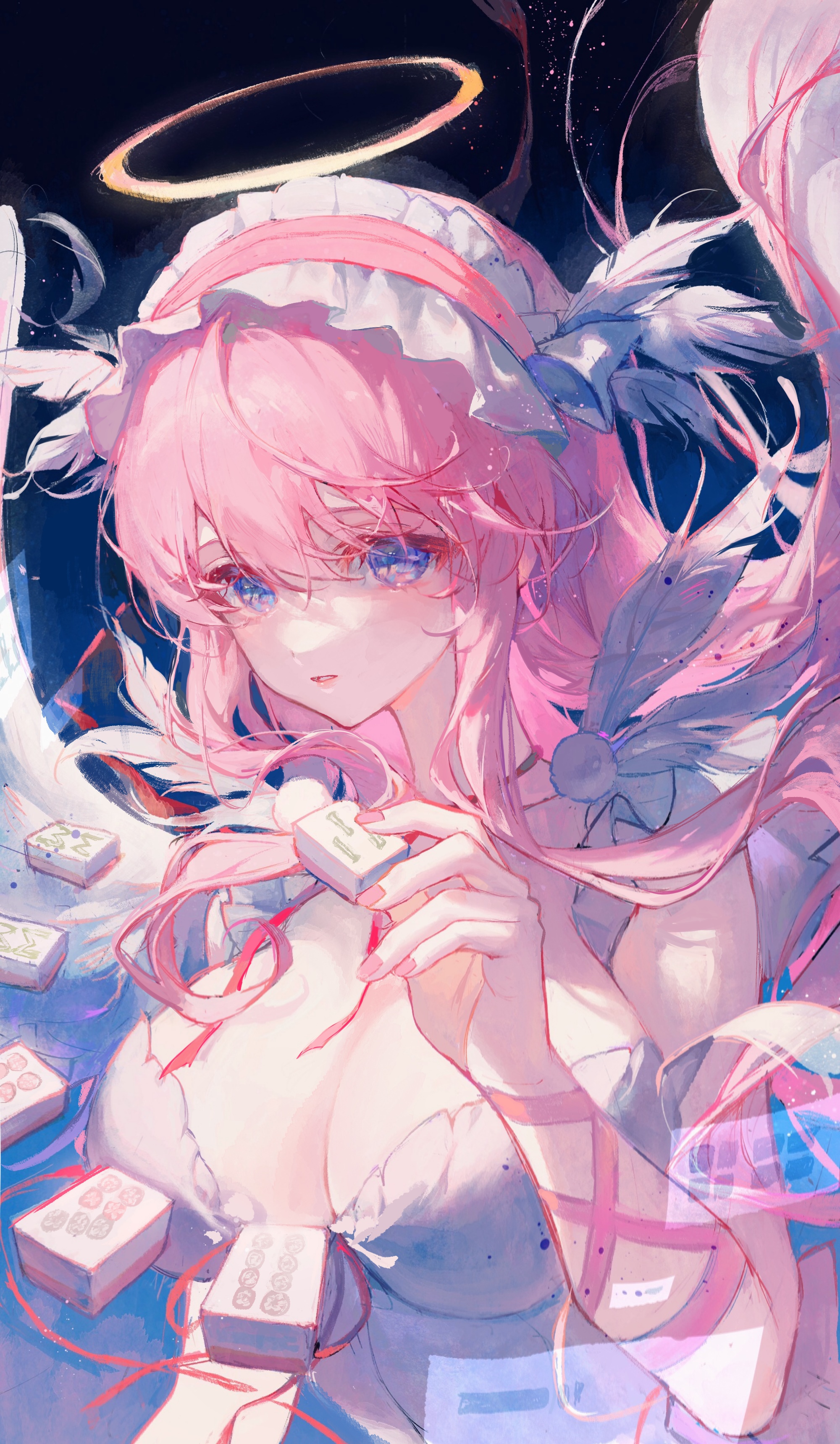 Anime girl with pink hair and nimbus holding mahjong tiles HD Phone Wallpaper