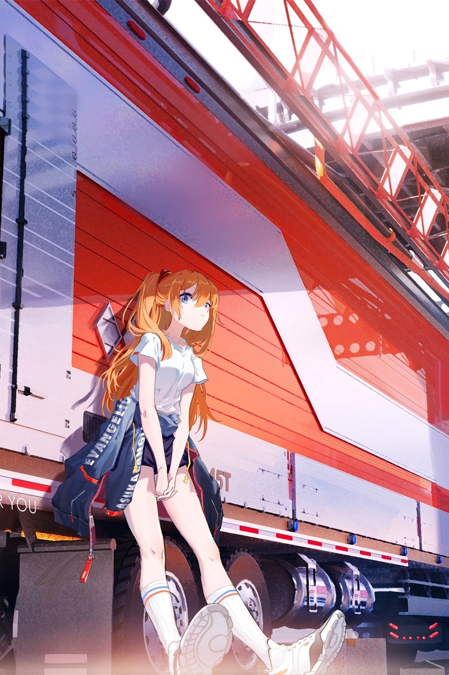 Asuka Langley Soryu sitting by a truck HD Phone Wallpaper