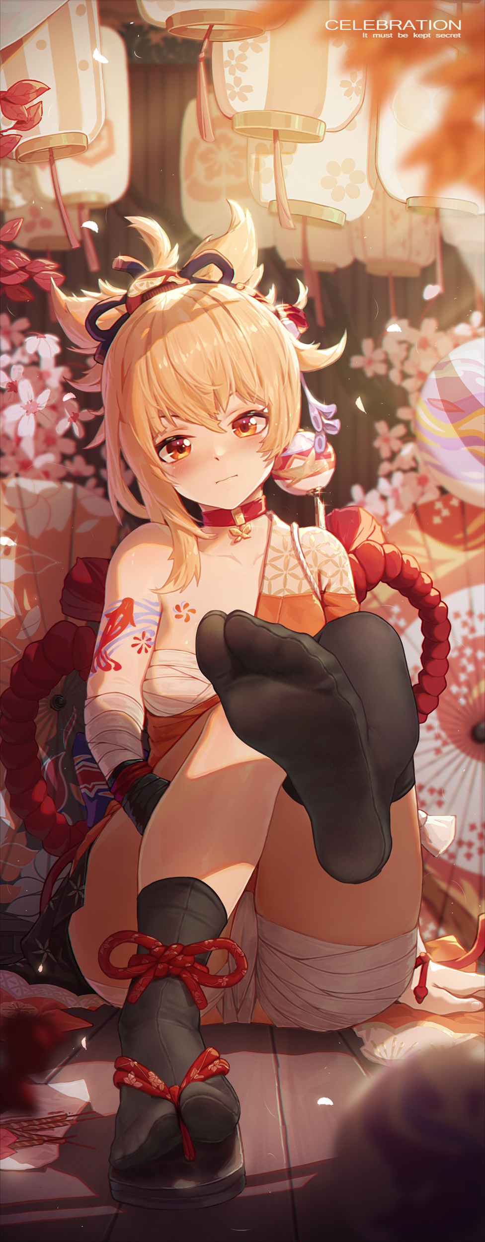 Yoimiya from Genshin Impact with feet forward HD Phone Wallpaper