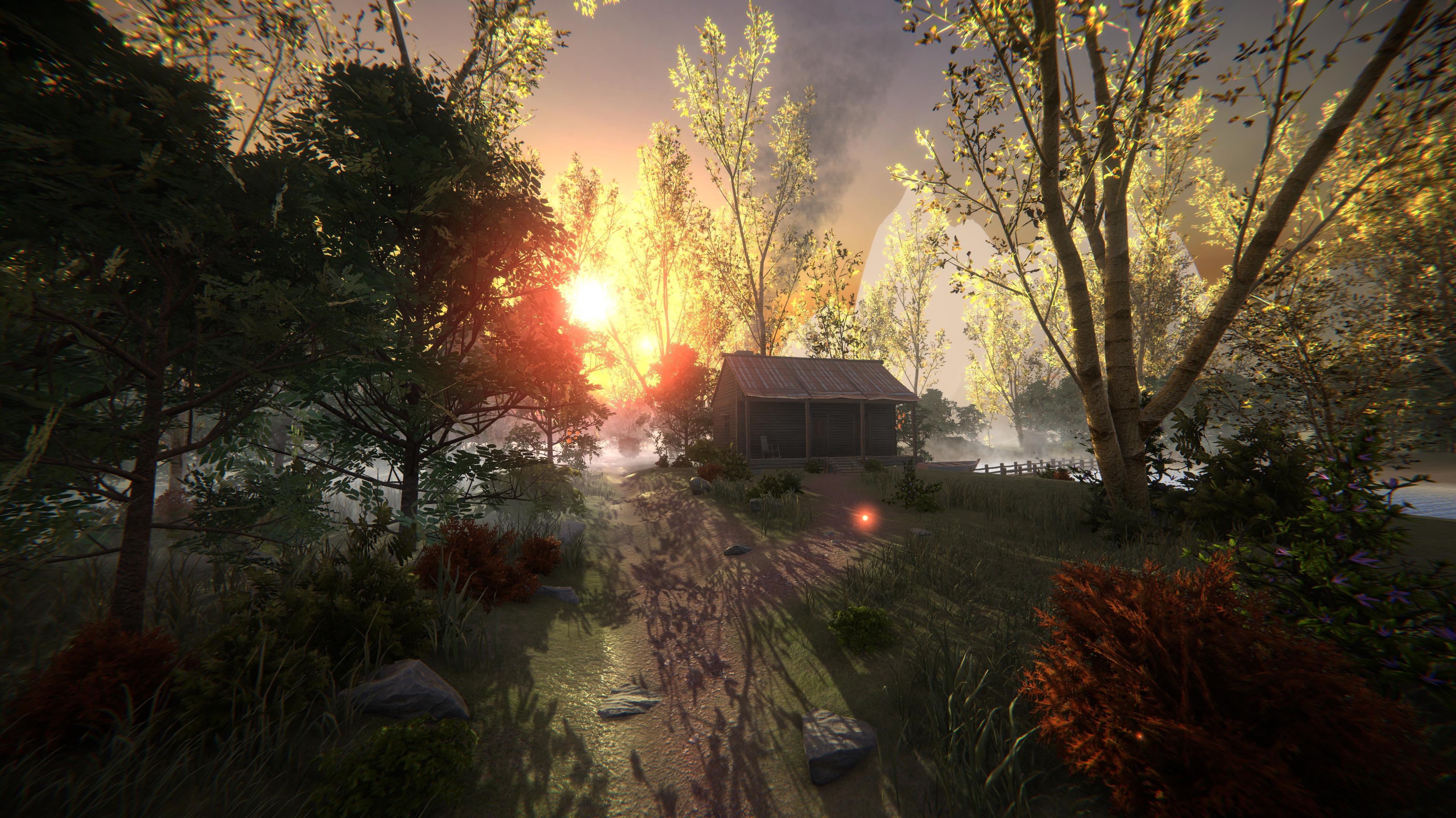 4K forest landscape with a cabin at sunset HD Wallpaper