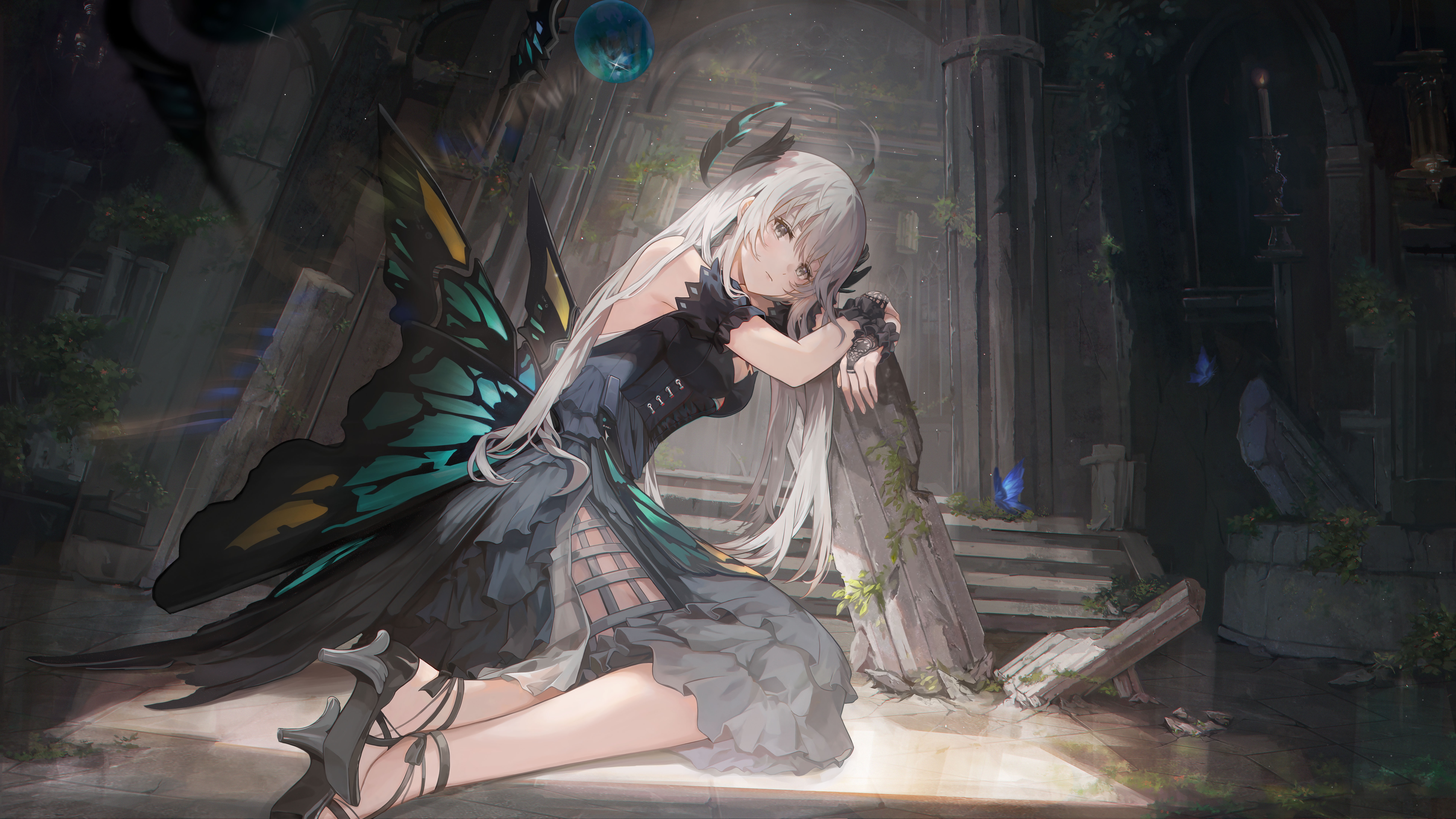 4K anime girl with butterfly wings on stairs HD Wallpaper