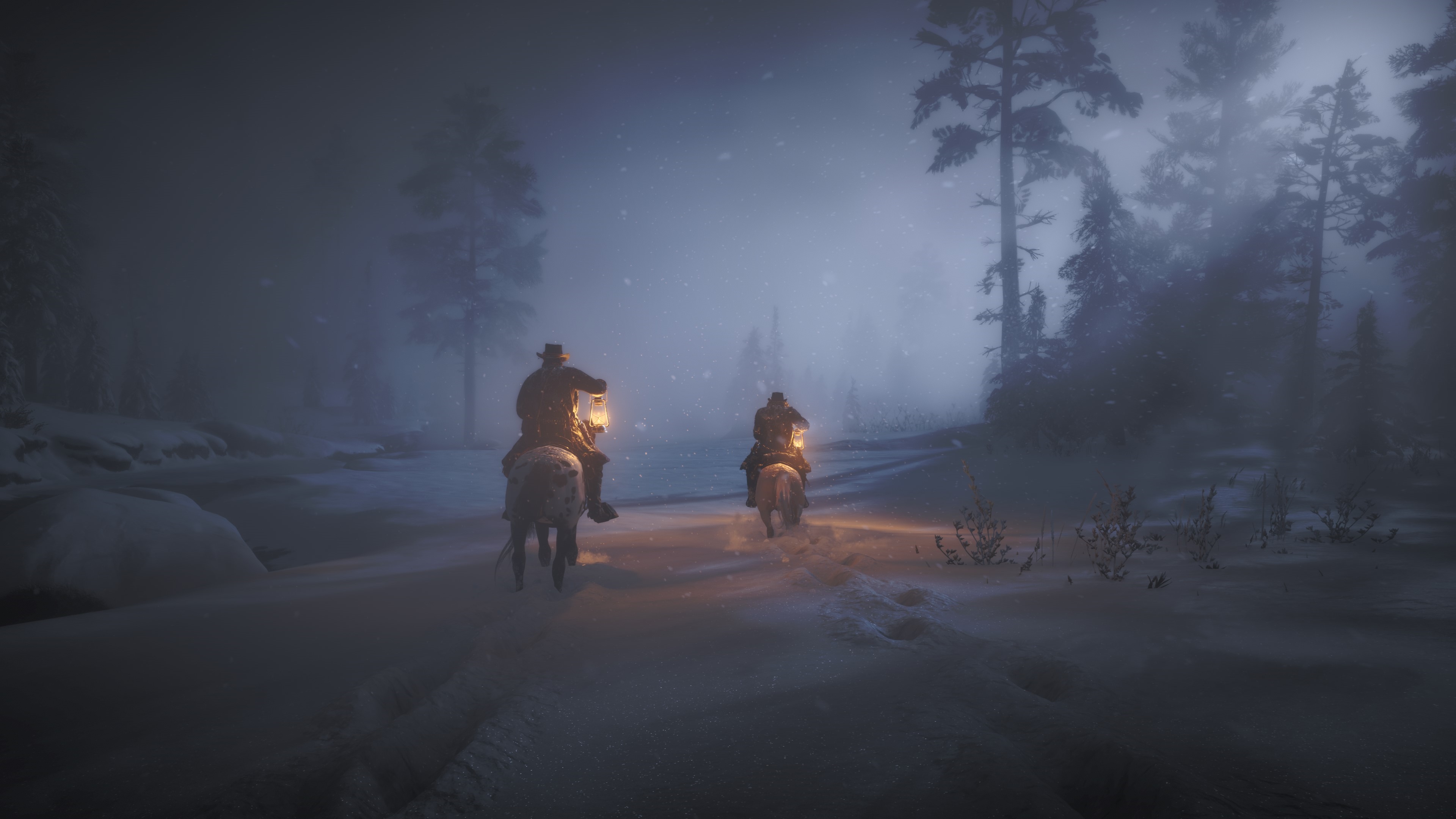 Red Dead Redemption 2: Two riders in a snowy forest HD Wallpaper