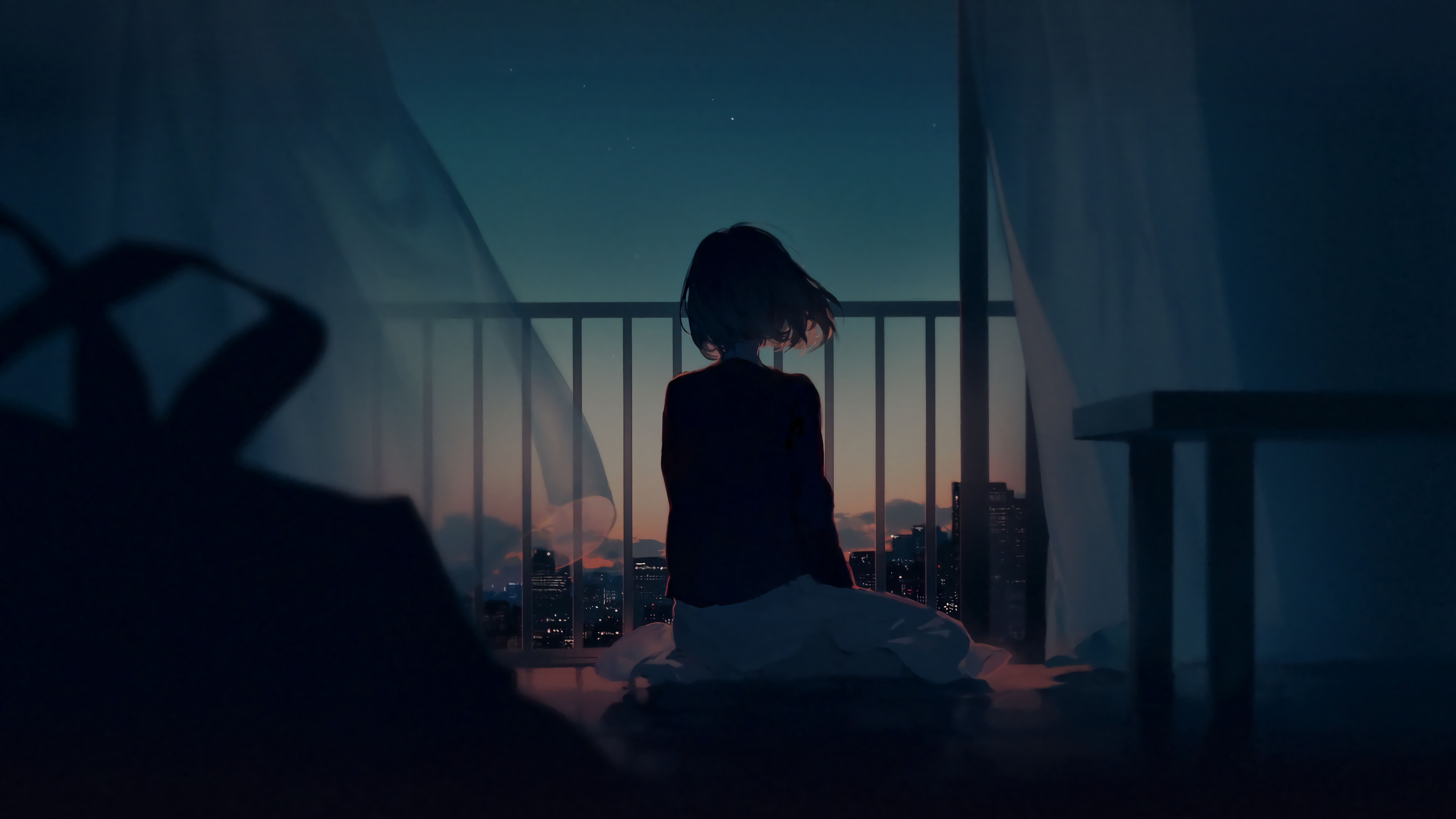 Girl sitting on balcony at dusk HD Wallpaper