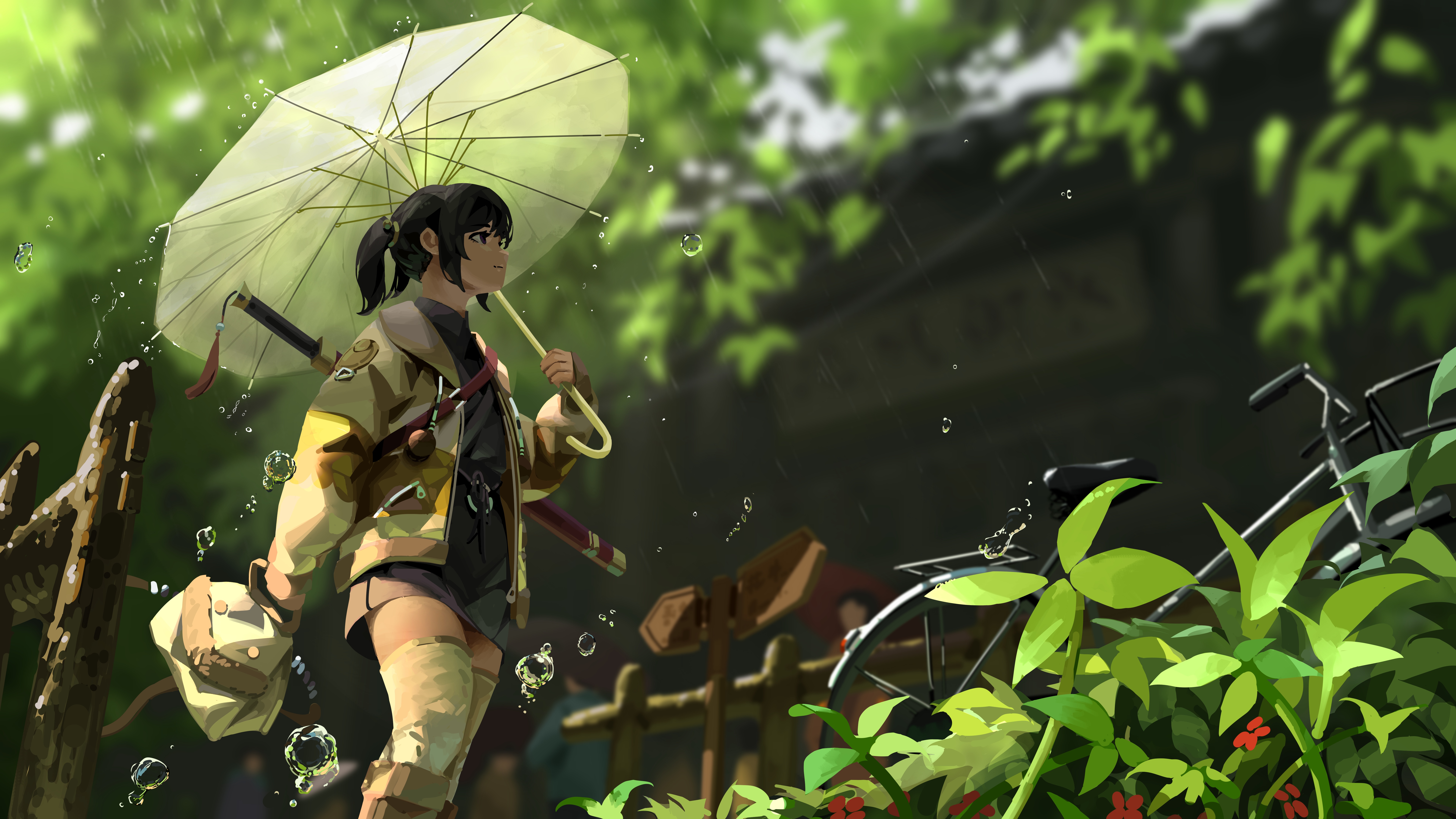 4K fantasy art of a girl with an umbrella in the rain HD Wallpaper