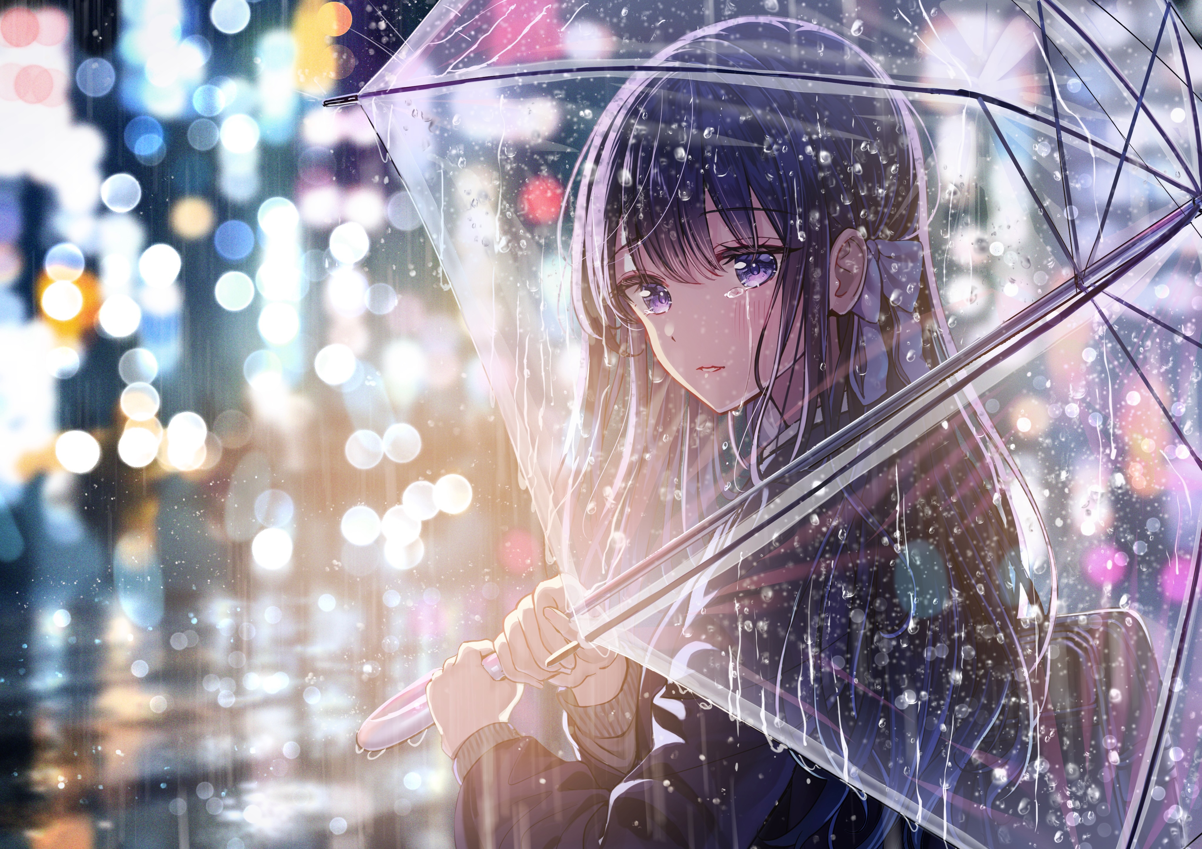 Girl with umbrella in the rain at night HD Wallpaper