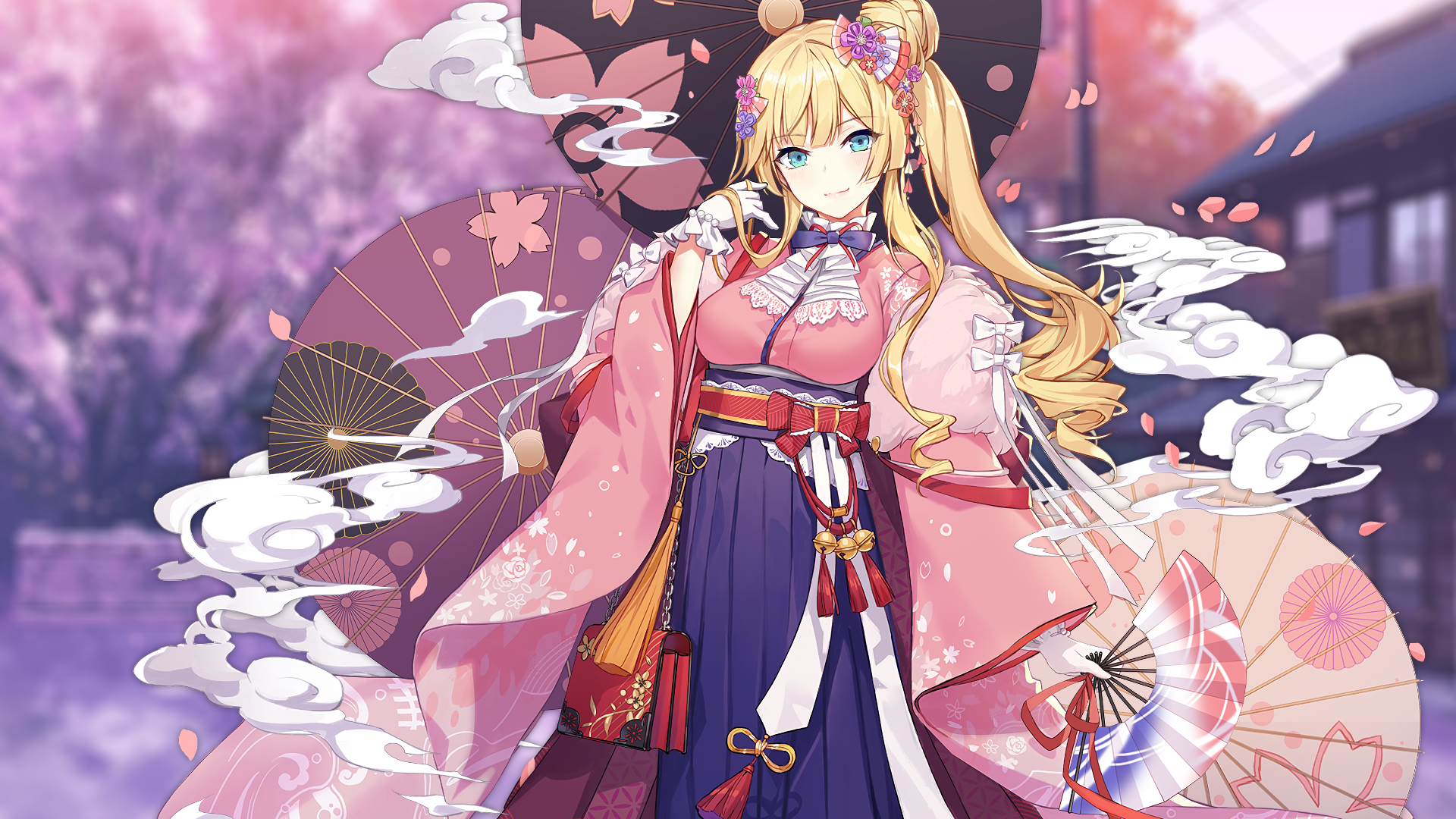 Azur Lane Kongou in Japanese Clothes with Umbrellas and Fans HD Wallpaper