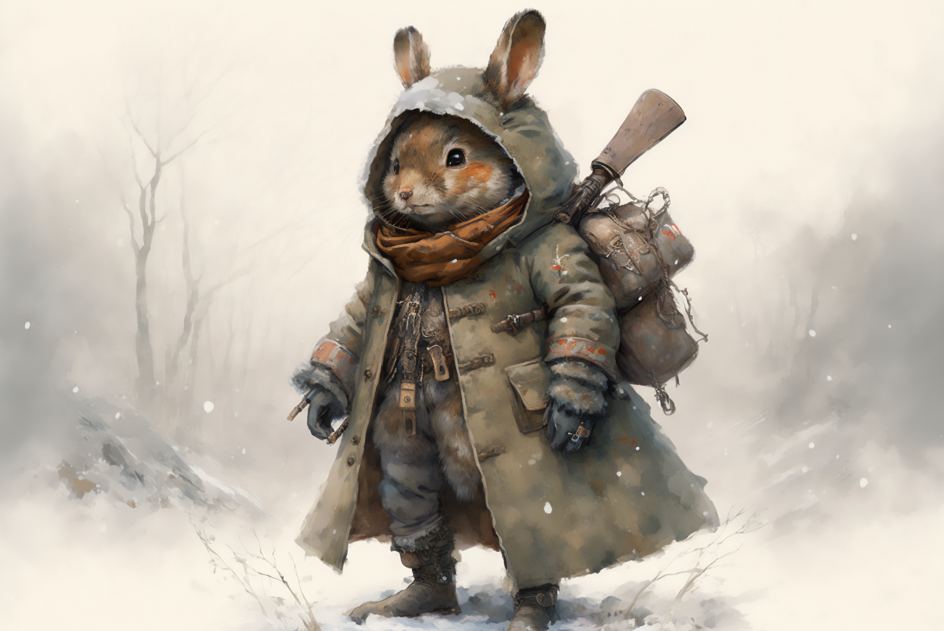 Fantasy rabbit soldier with rifle in snow HD Wallpaper