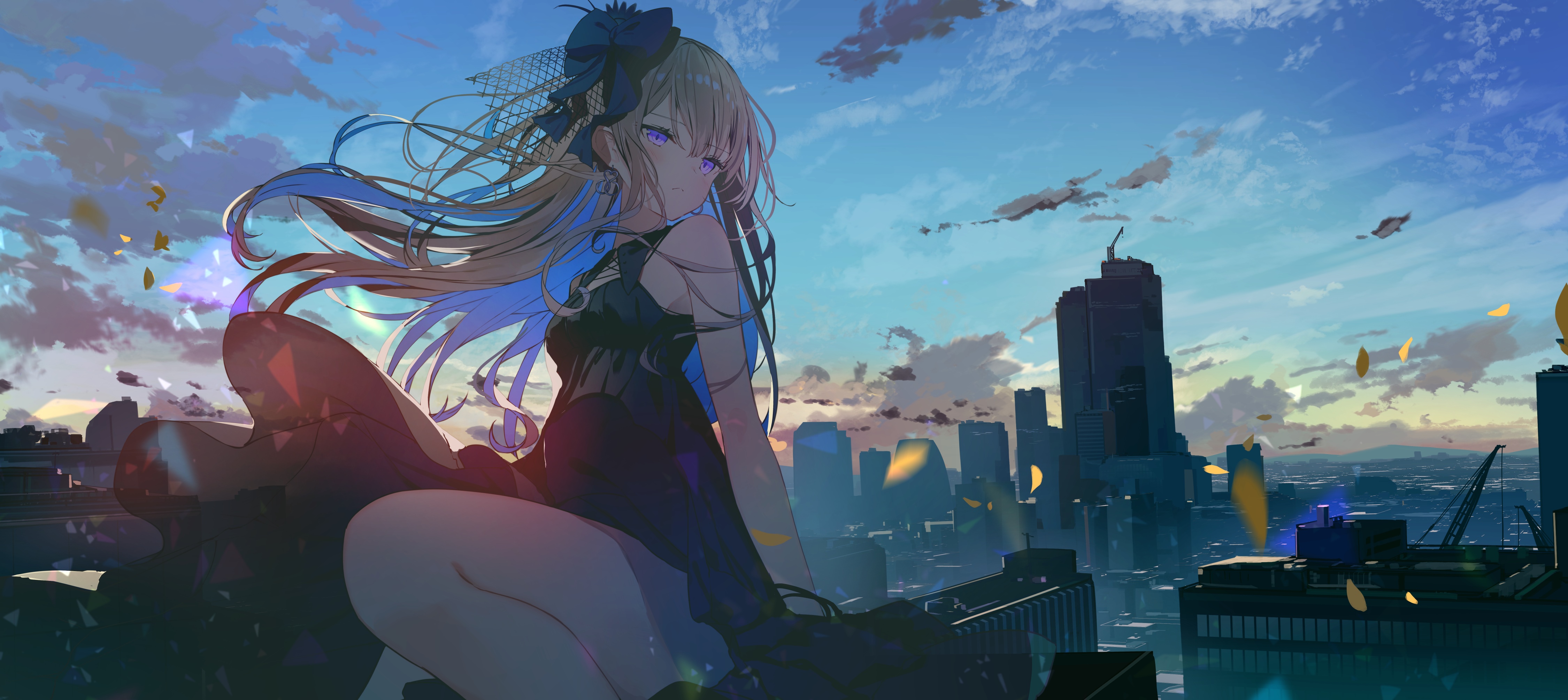 Anime girl with purple eyes on a rooftop HD Wallpaper