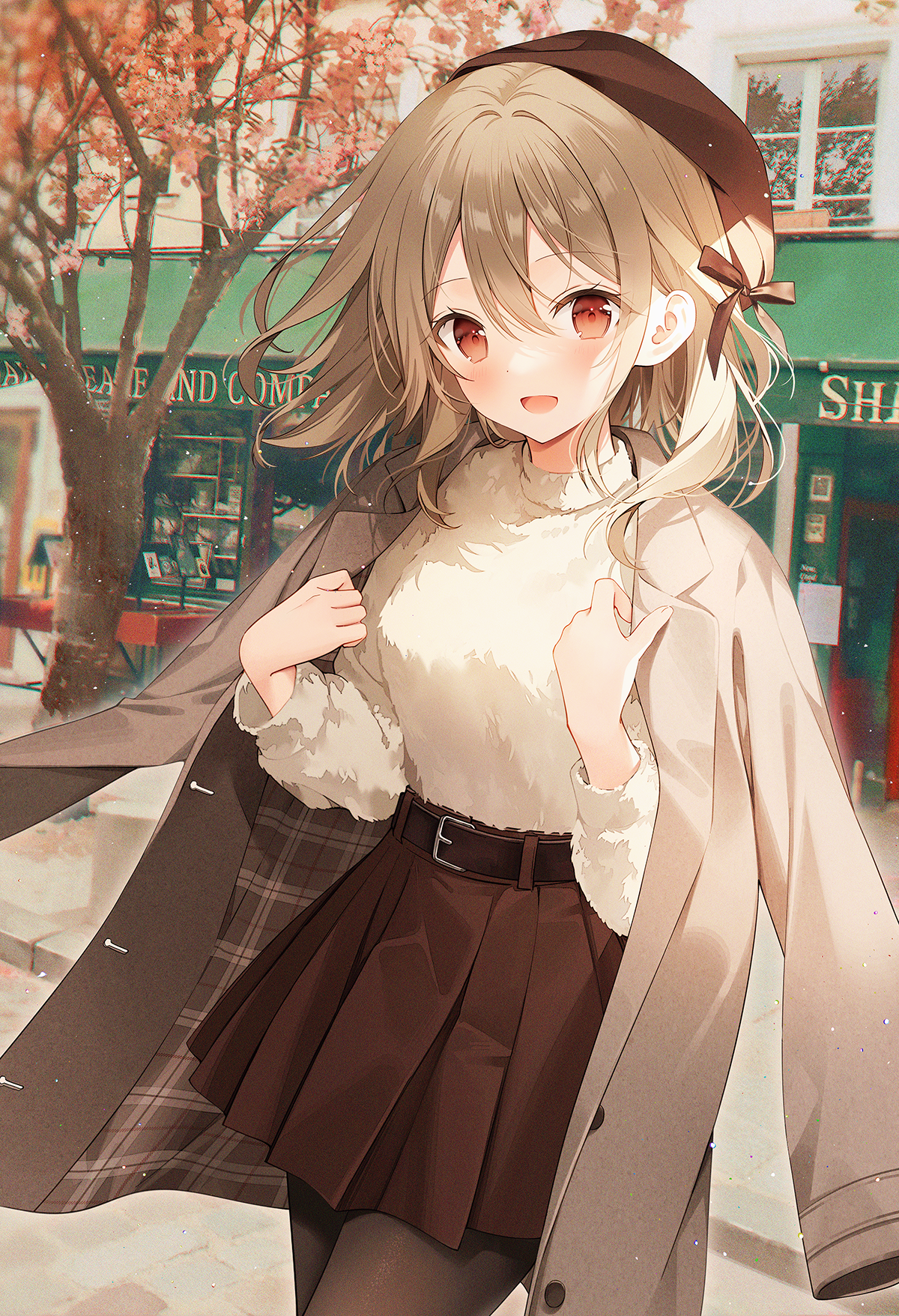 Anime girl in a beret and coat in front of a shop HD Phone Wallpaper