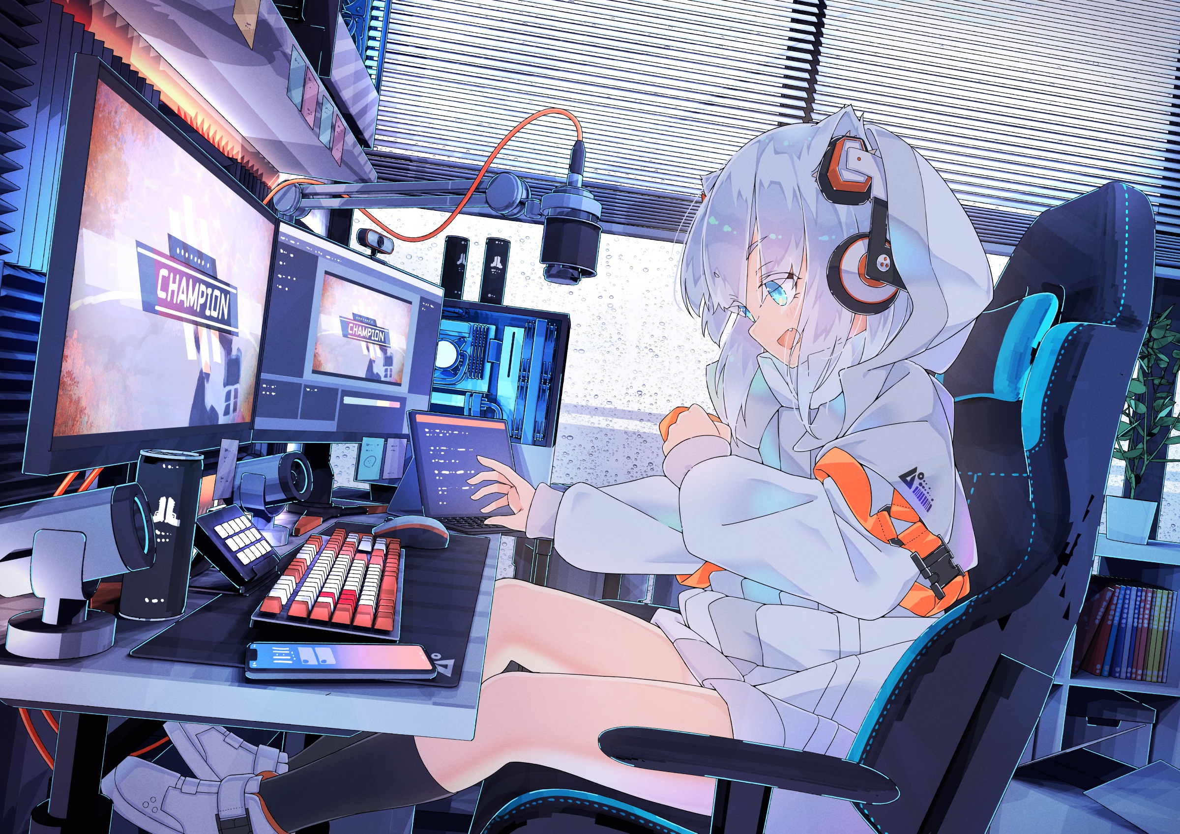 Girl with headphones playing Apex Legends on computer HD Wallpaper