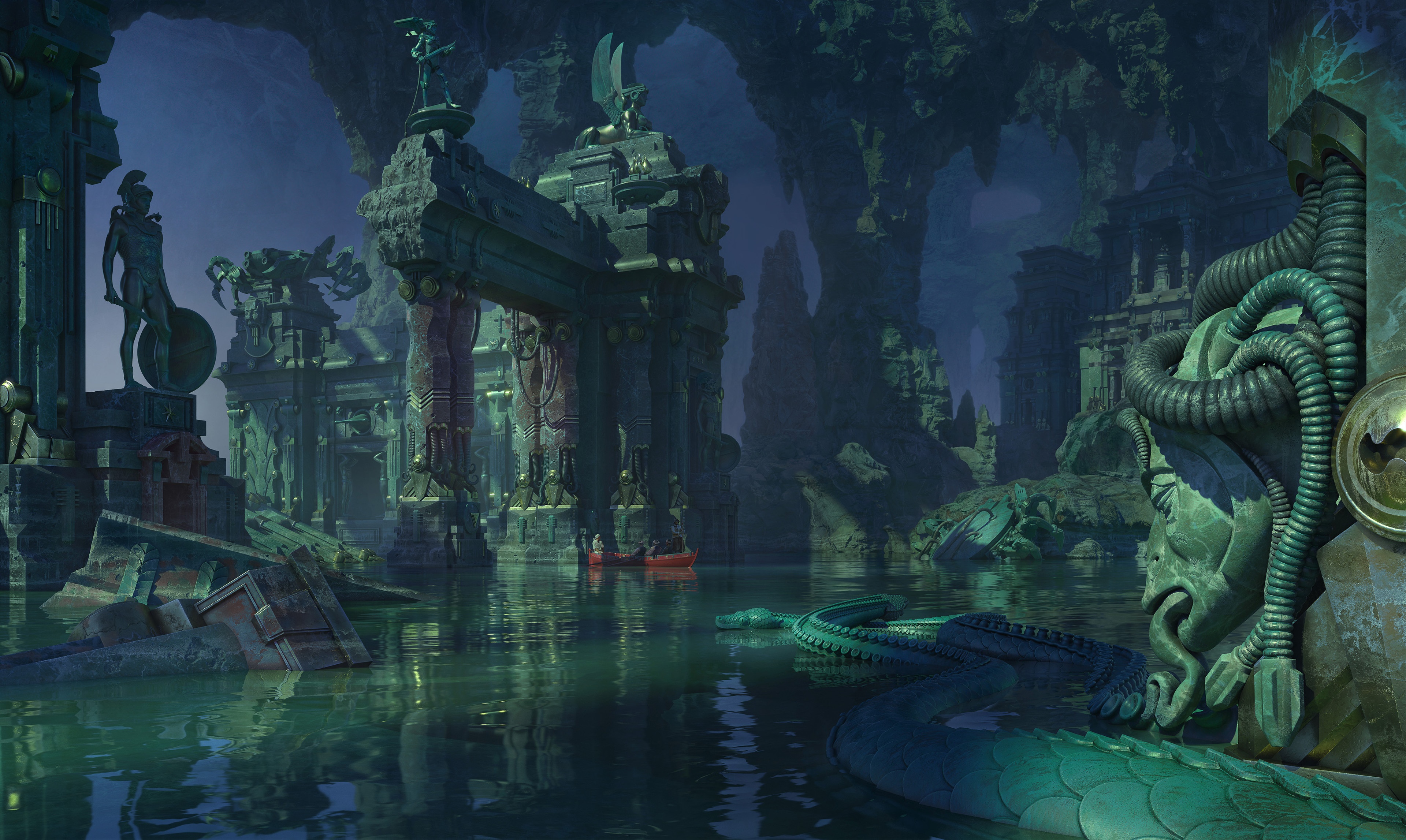 Ruined ancient city submerged in water HD Wallpaper