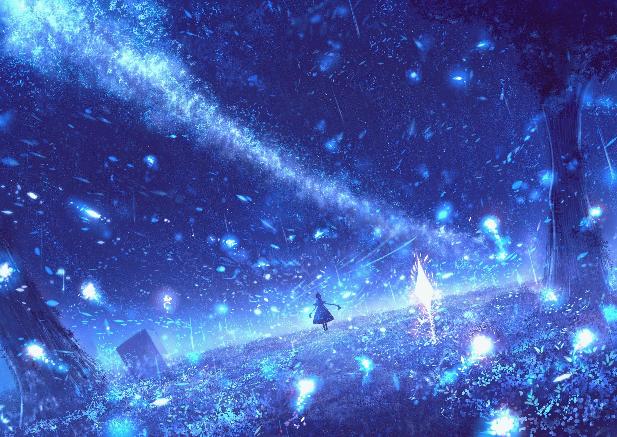 Fantasy art of a girl in a blue starry forest HD Wallpaper