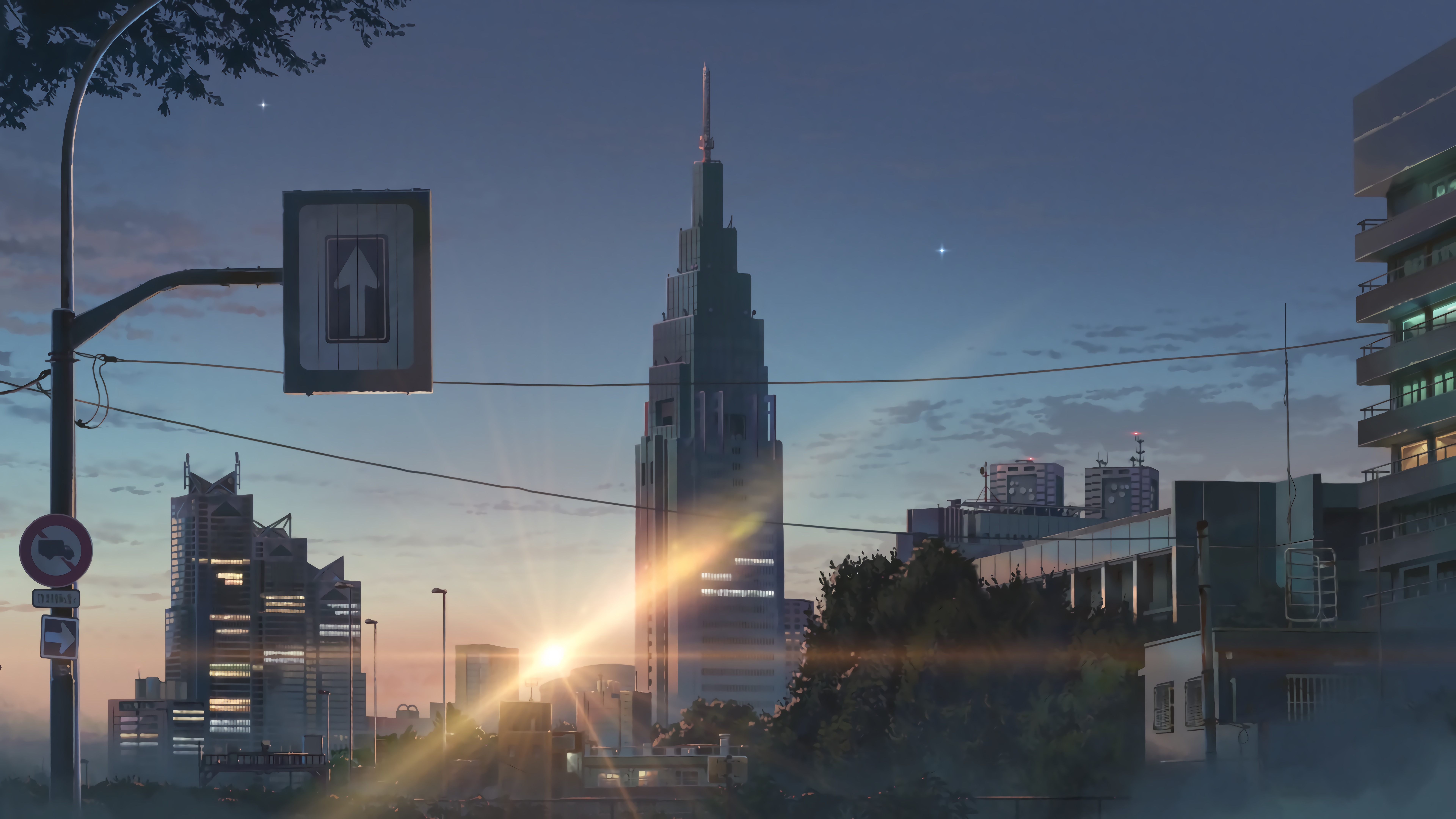 Anime city skyline with tall buildings at sunrise HD Wallpaper
