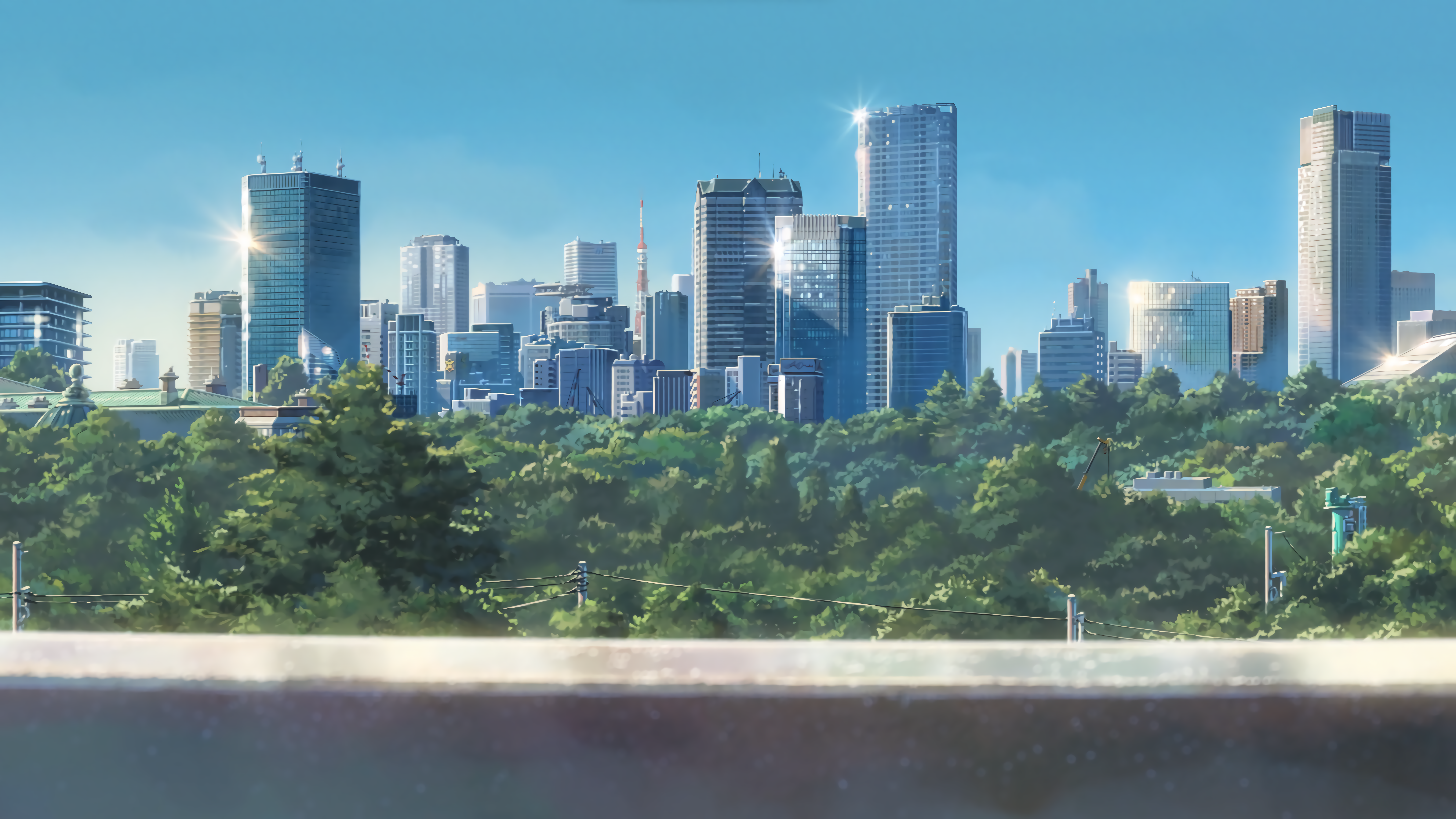 4K Anime Cityscape with Trees and Buildings HD Wallpaper