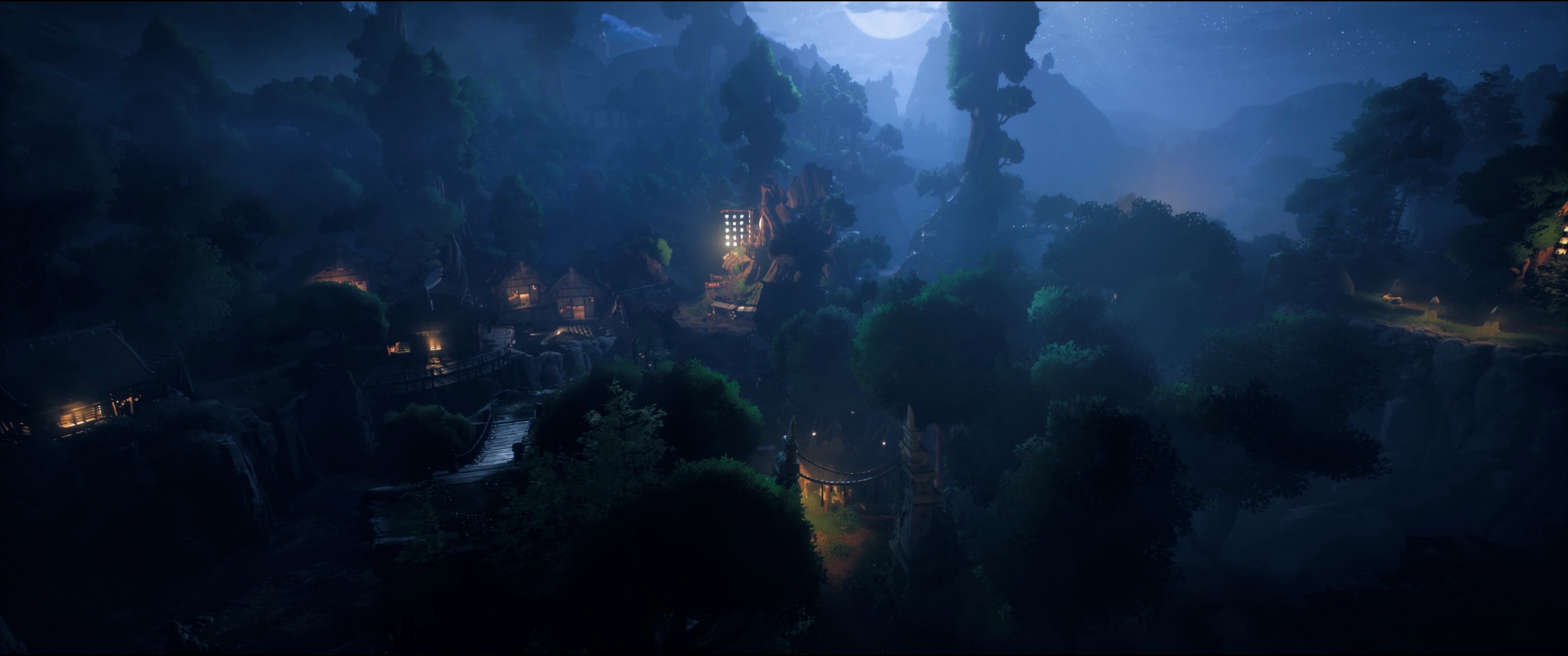 Kena: Bridge of Spirits village at night HD Wallpaper