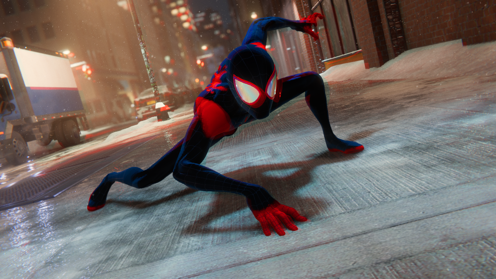 Miles Morales as Spider-Man in a snowy city HD Wallpaper