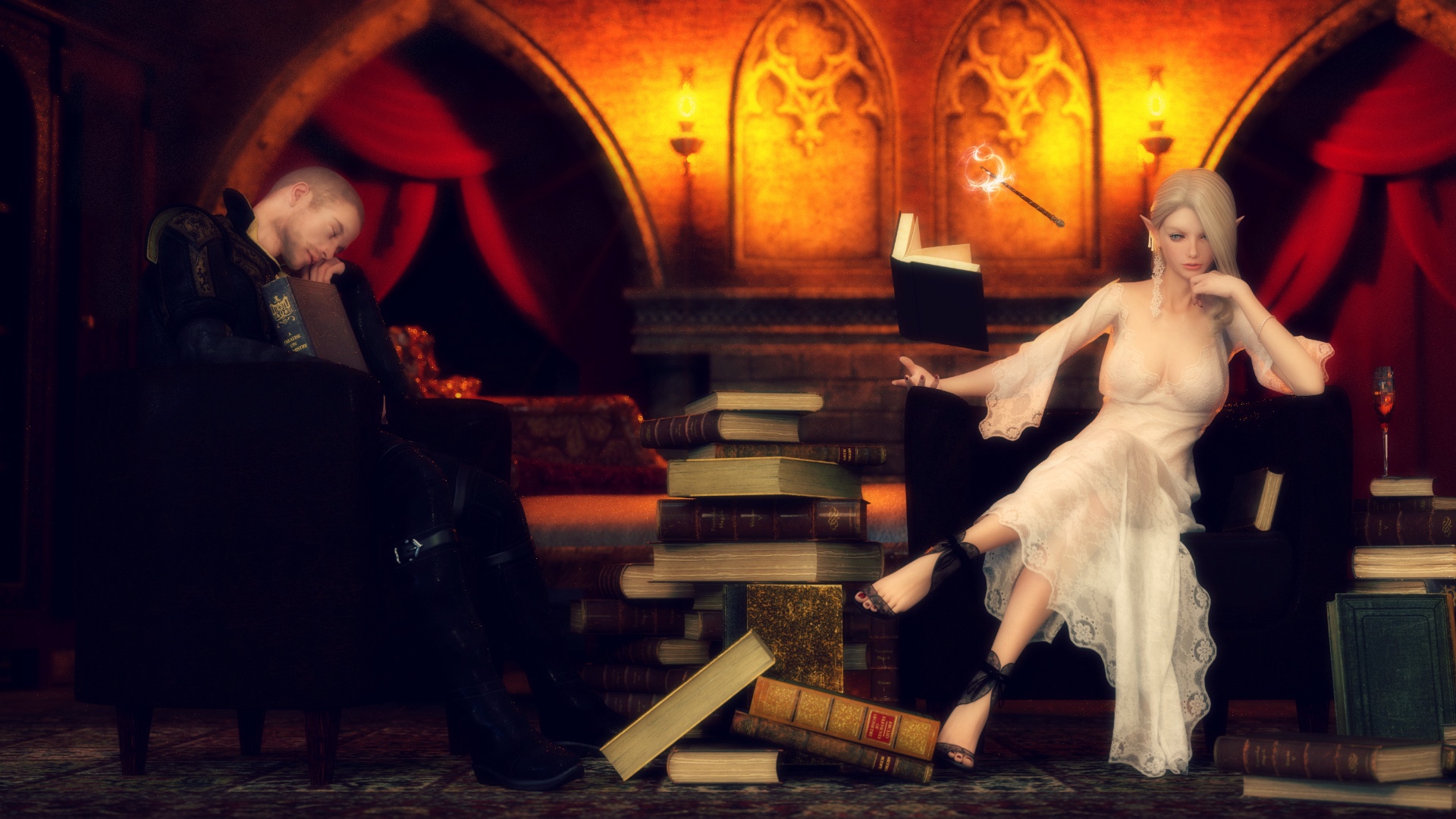 Elf woman casting a spell with books and a sleeping man HD Wallpaper